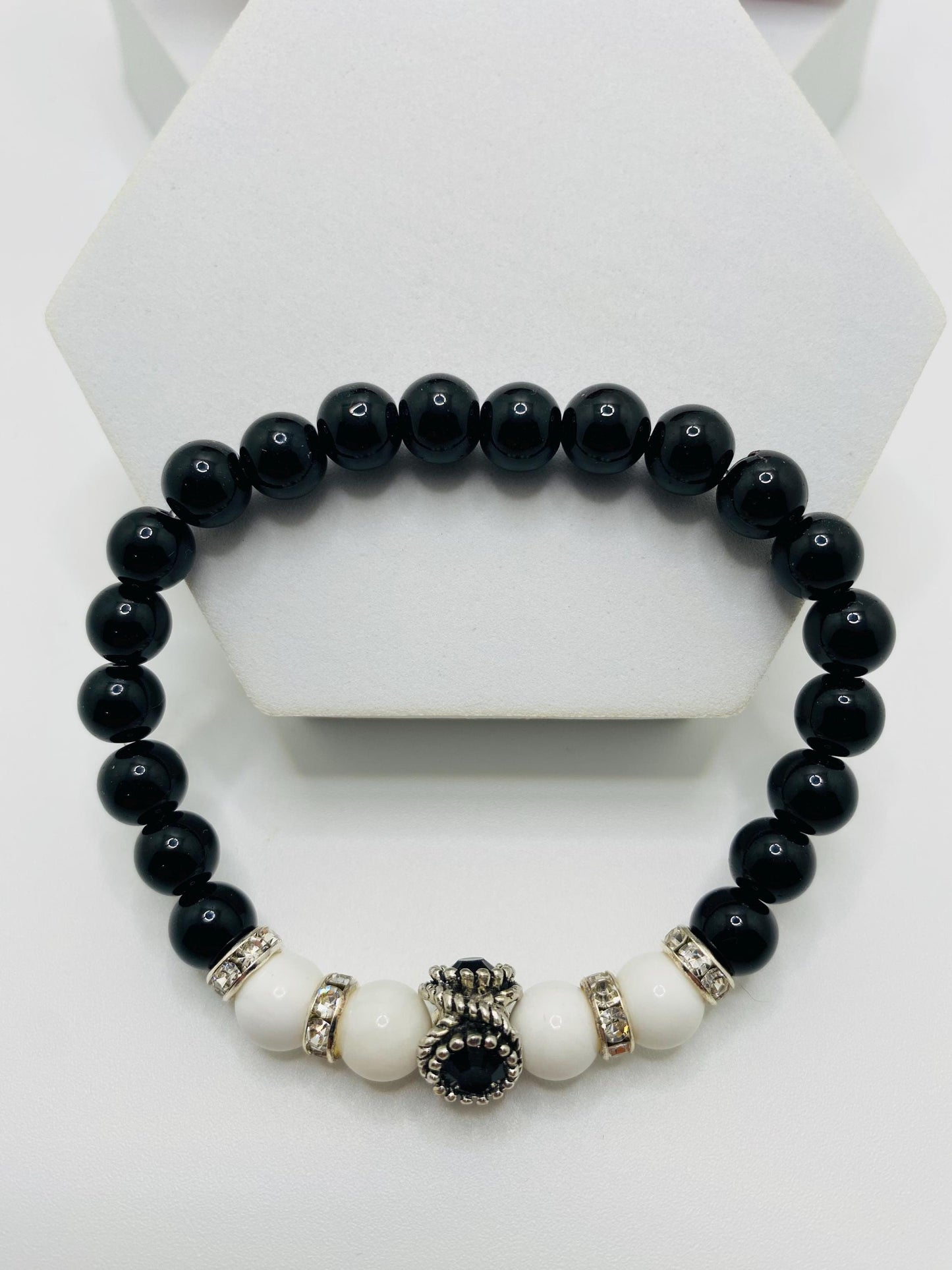 Black Onyx & White Agate Beaded Charm Bracelet - Rhinestone Accent