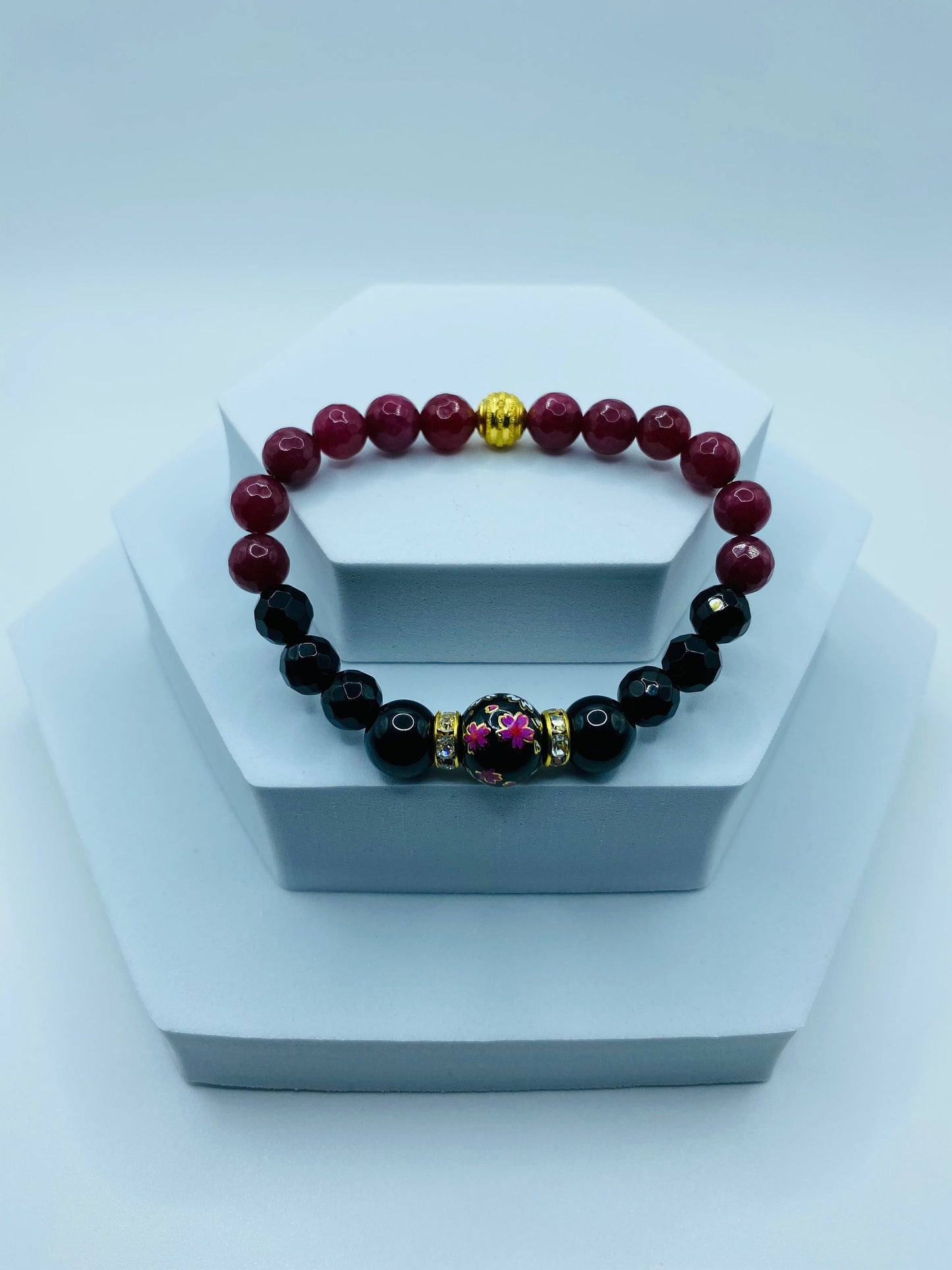 Black Onyx & Red Jade Gemstone Bracelet with Floral Lampwork Bead