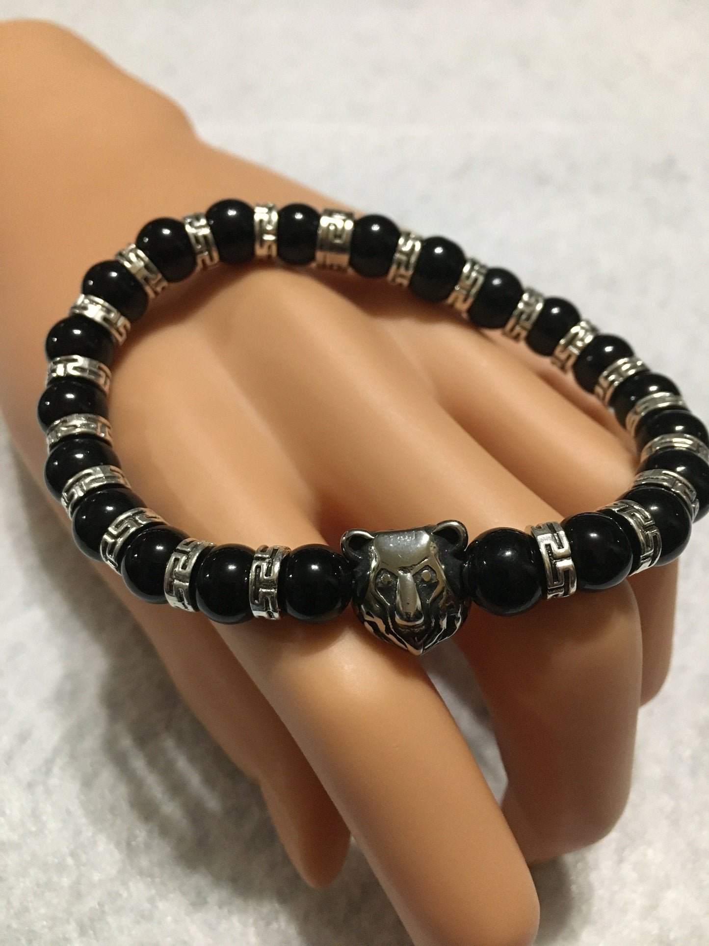 Chicago Bears Bracelet: Onyx Gemstone Beads, Stainless Steel Bear Charm