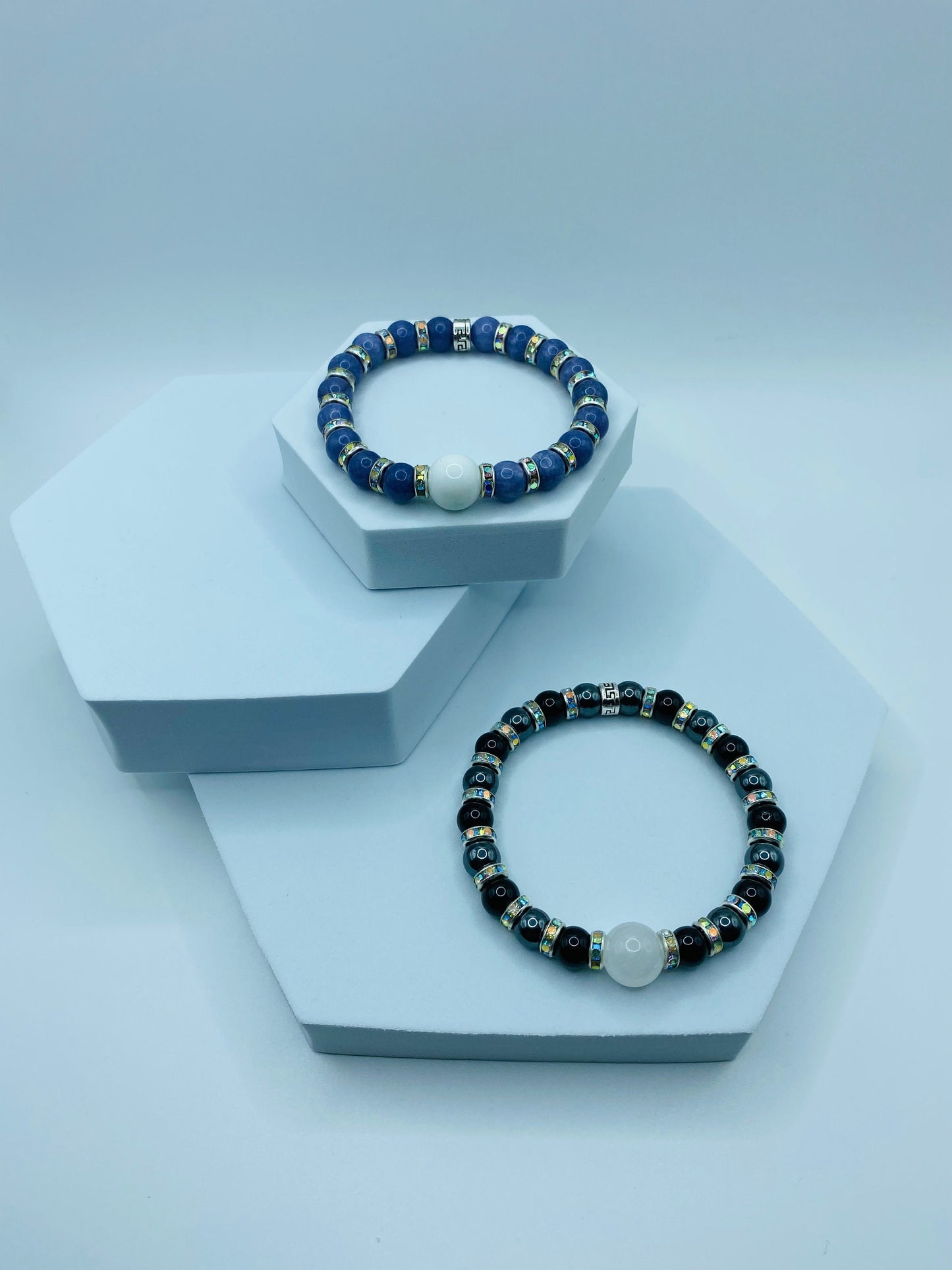 Handmade Black Onyx & Chalcedony Bracelet with Rhinestone Spacers