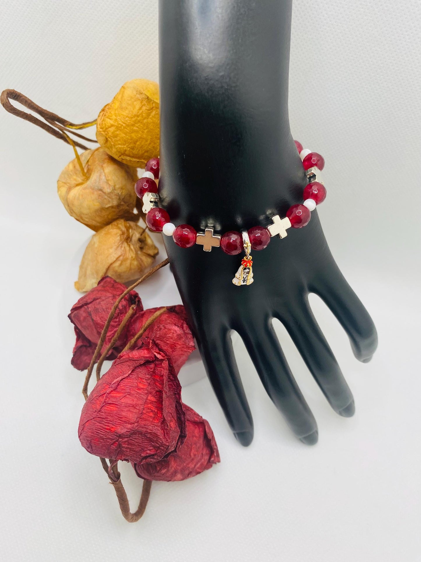 Carnelian Rosary Bracelet: Mary of Nazareth Cross Charm