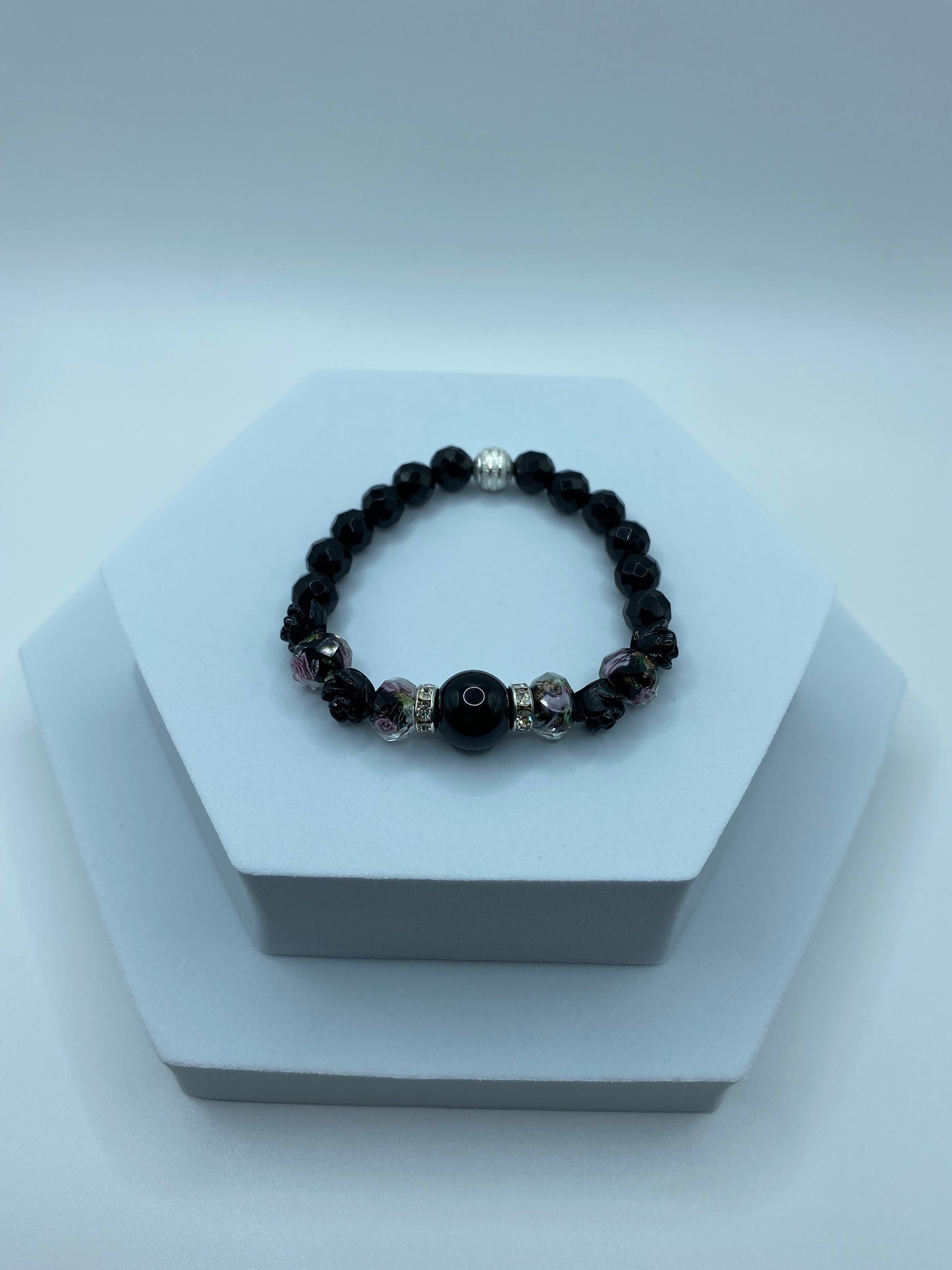 Black Onyx Bracelet: Lampwork Floral Glass Beads & Roses