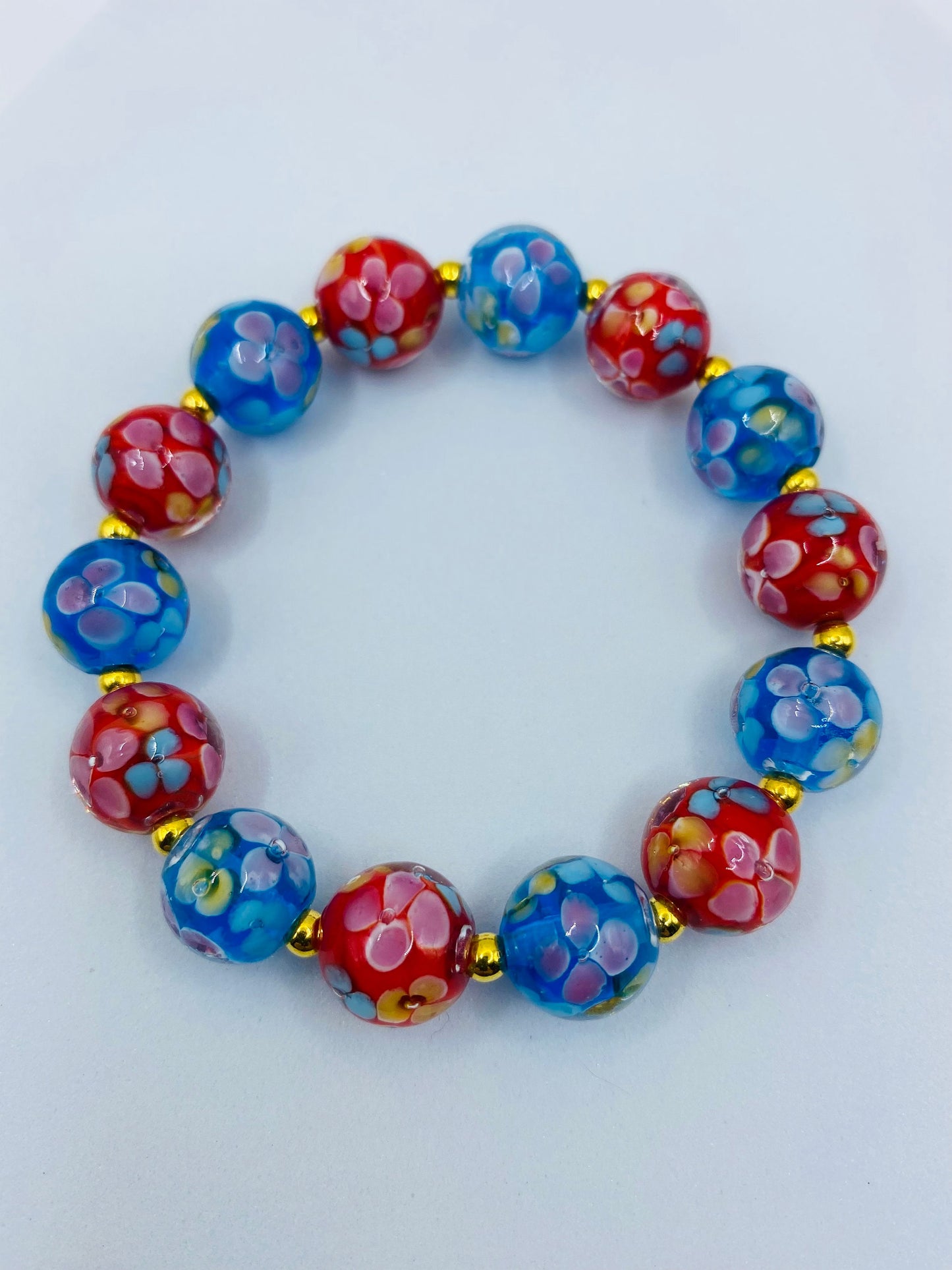 Floral Lampwork Glass Bead Bracelet: Red & Blue Murano Style