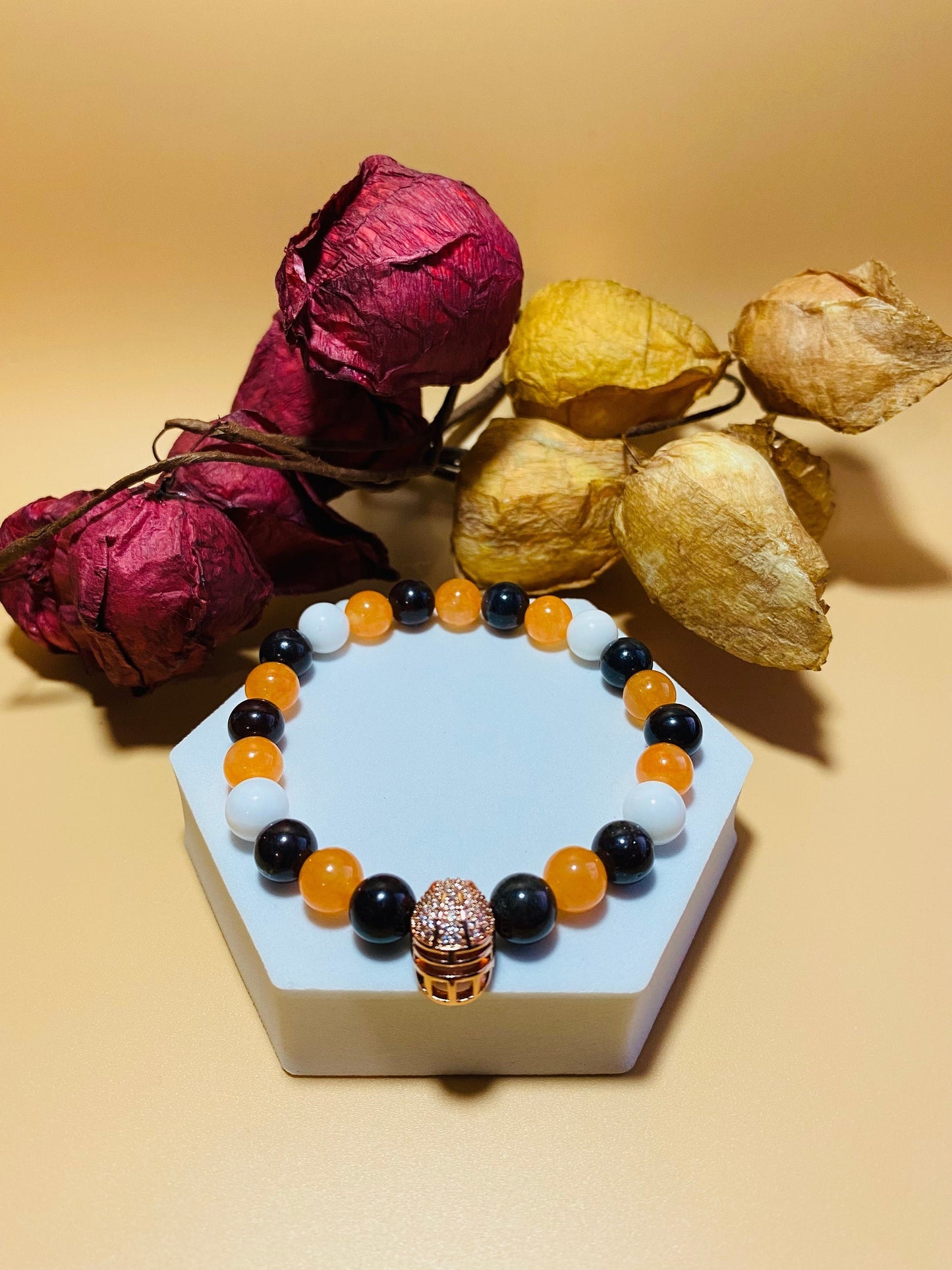 Cleveland Browns Bracelet: Gemstone Beads & Football Helmet Charm