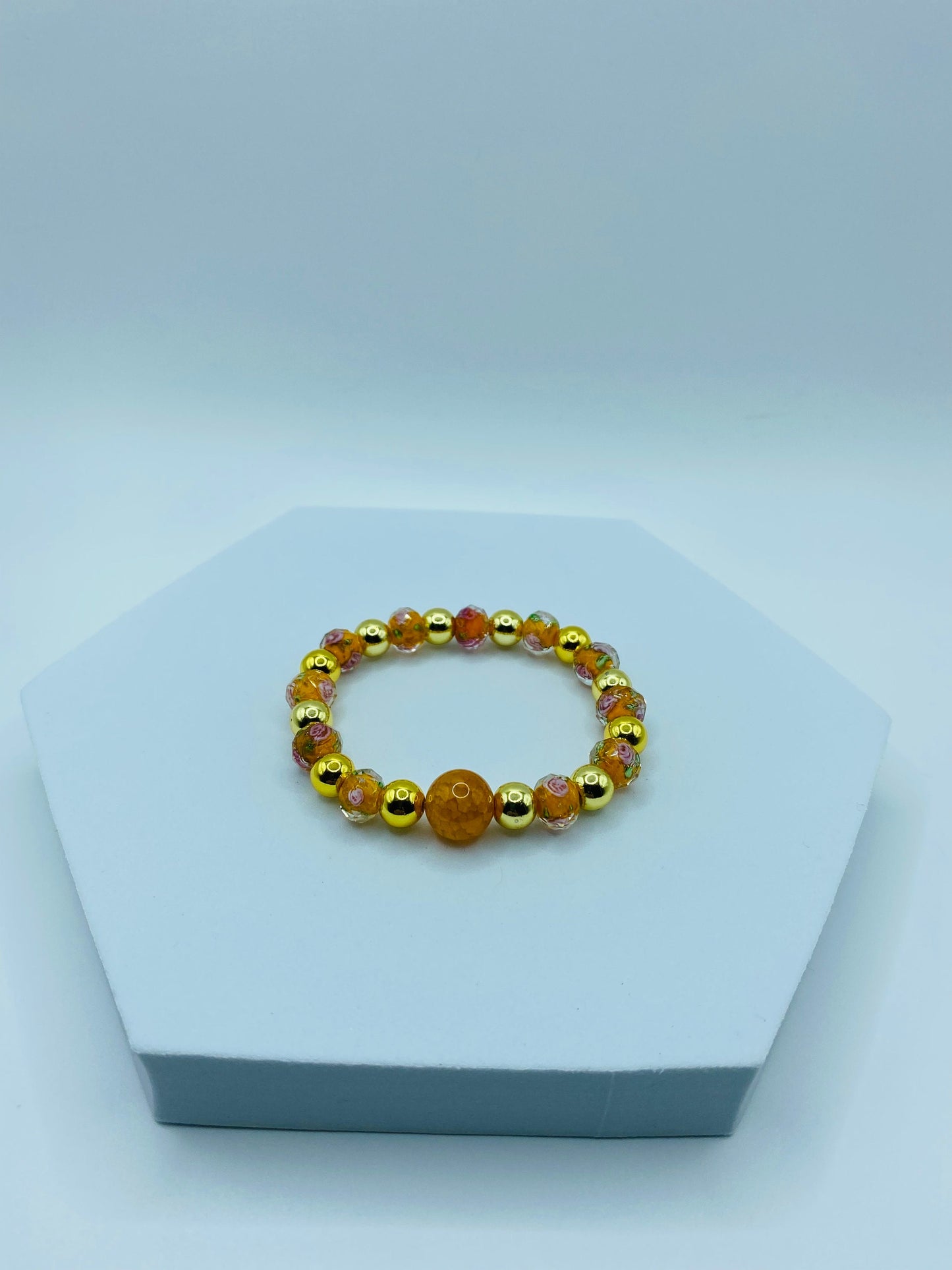 Handmade Fire Agate Bracelet: 18K Gold Hematite & Lampwork Floral Beads