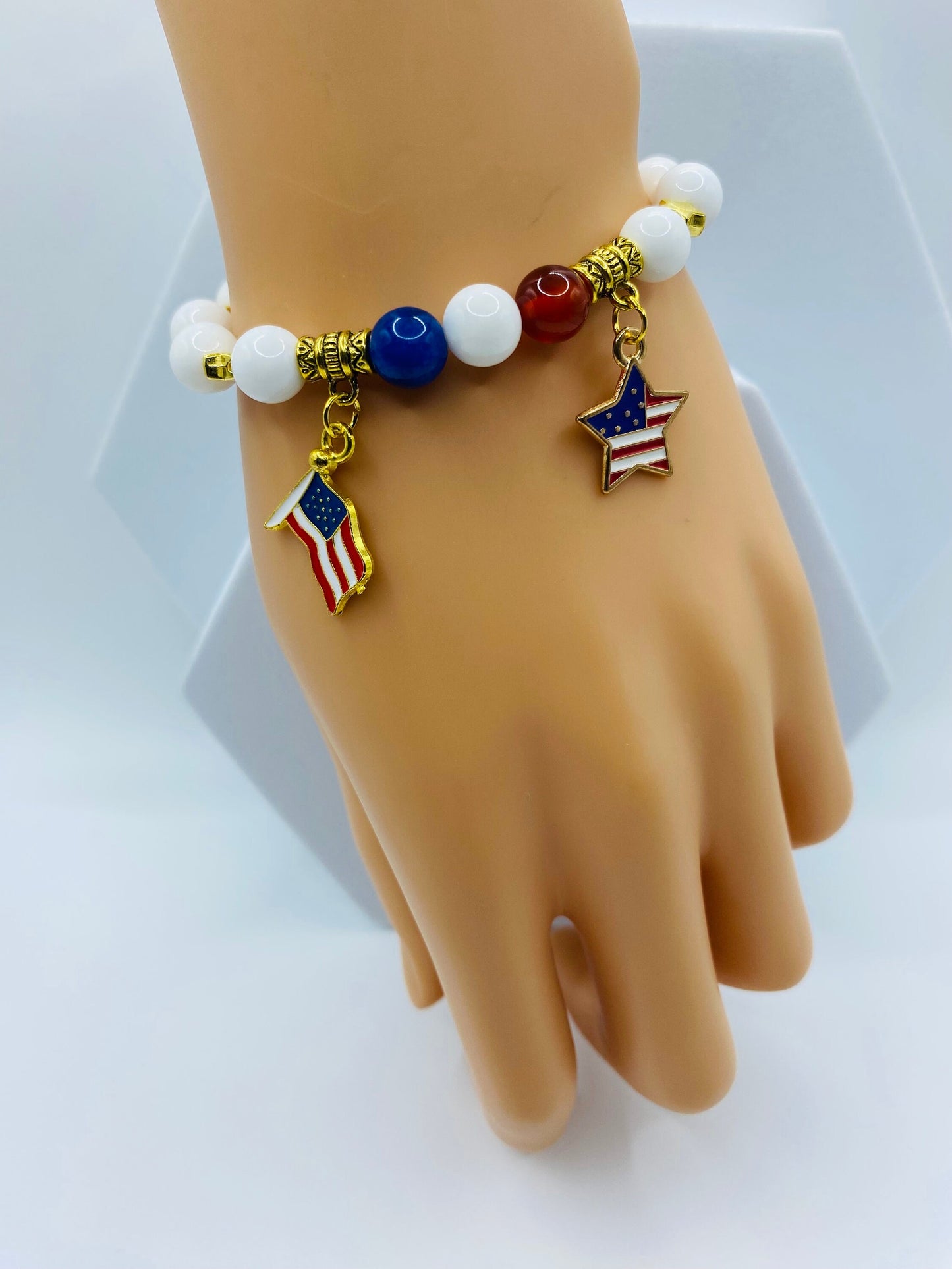 American Flag Charm Bracelet: Red Carnelian, Blue Agate, Mother of Pearl