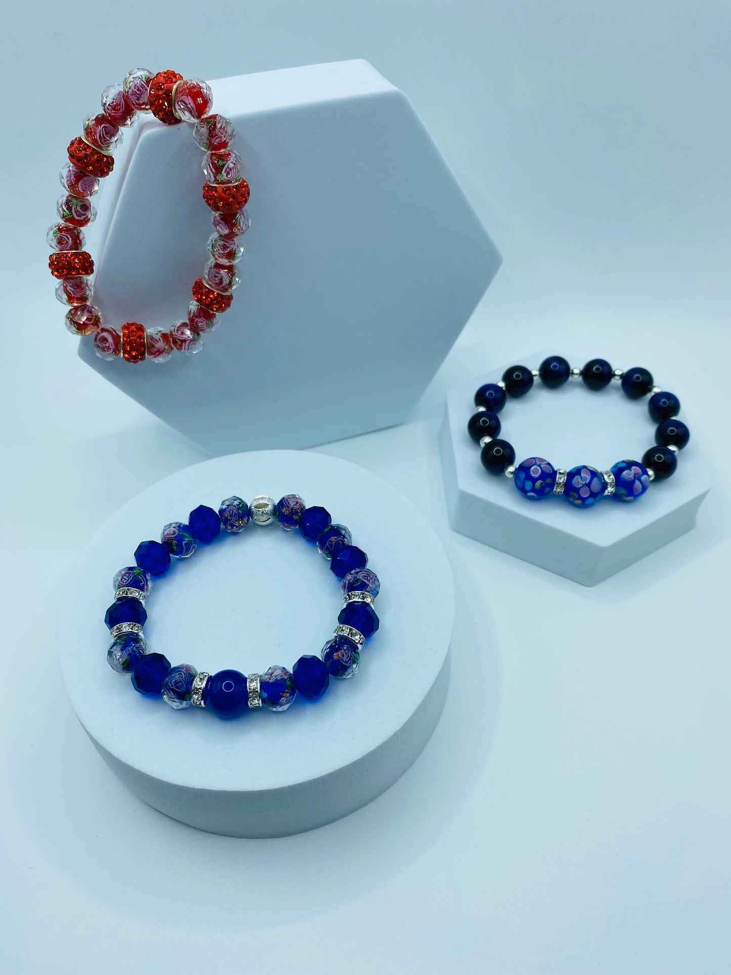 Blue Chalcedony Bracelet: Lampwork Floral Glass Beads, Rhinestone Accents