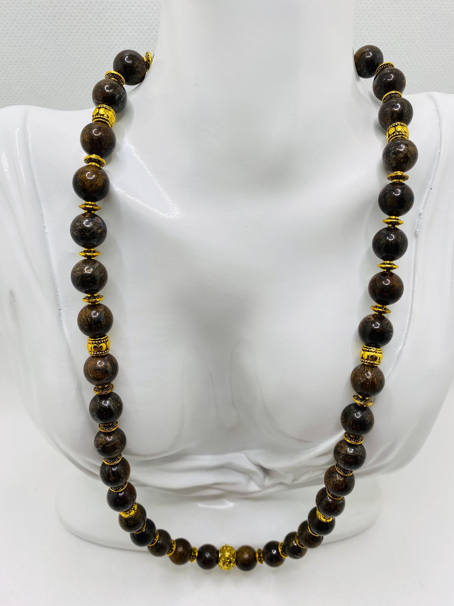 Bronzite Beaded Necklace: Unisex Gemstone Jewelry with Tibetan Spacers