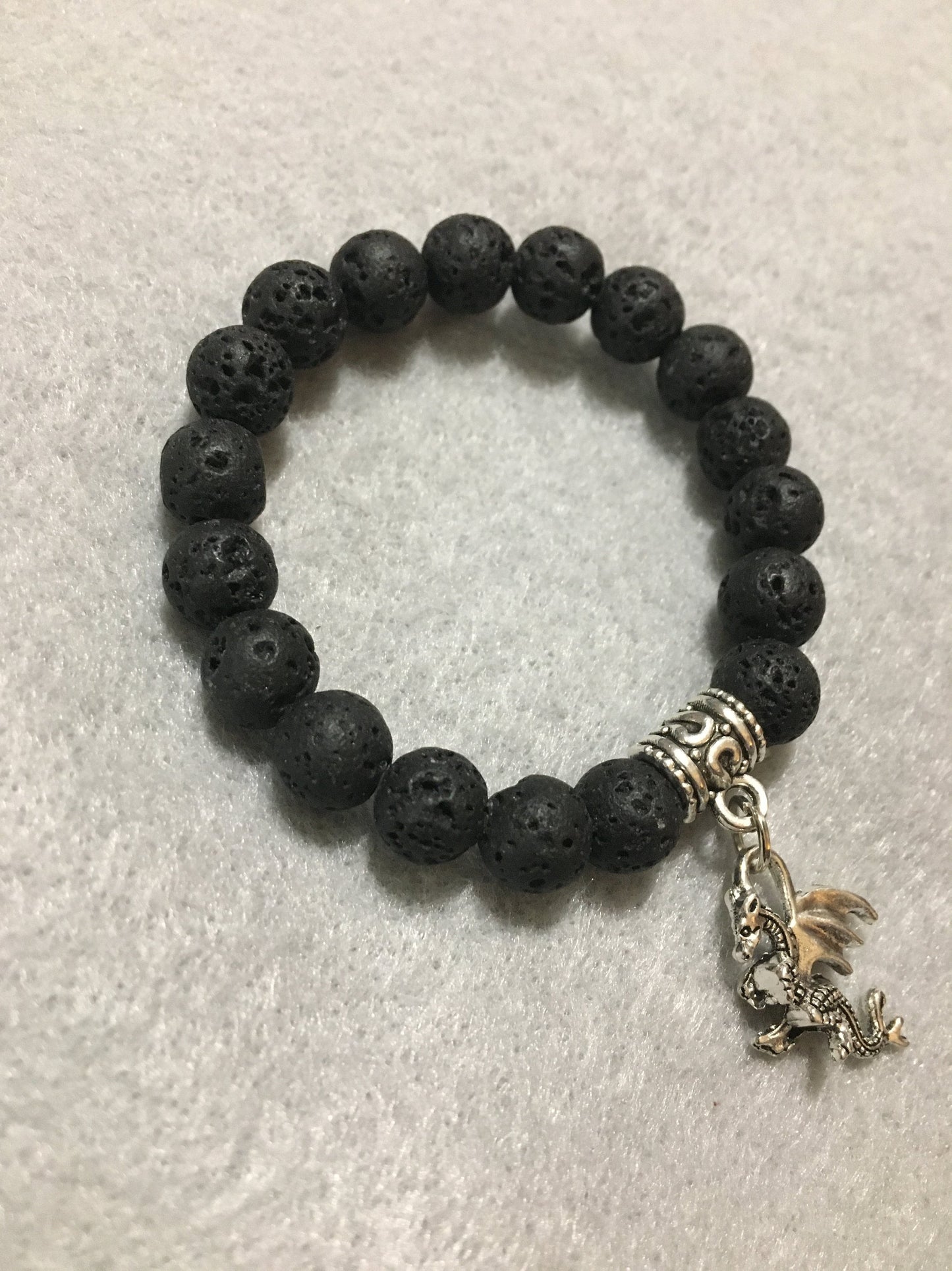 Lava Rock Dragon Bracelet: Antique Silver Charm, Gemstone Beads