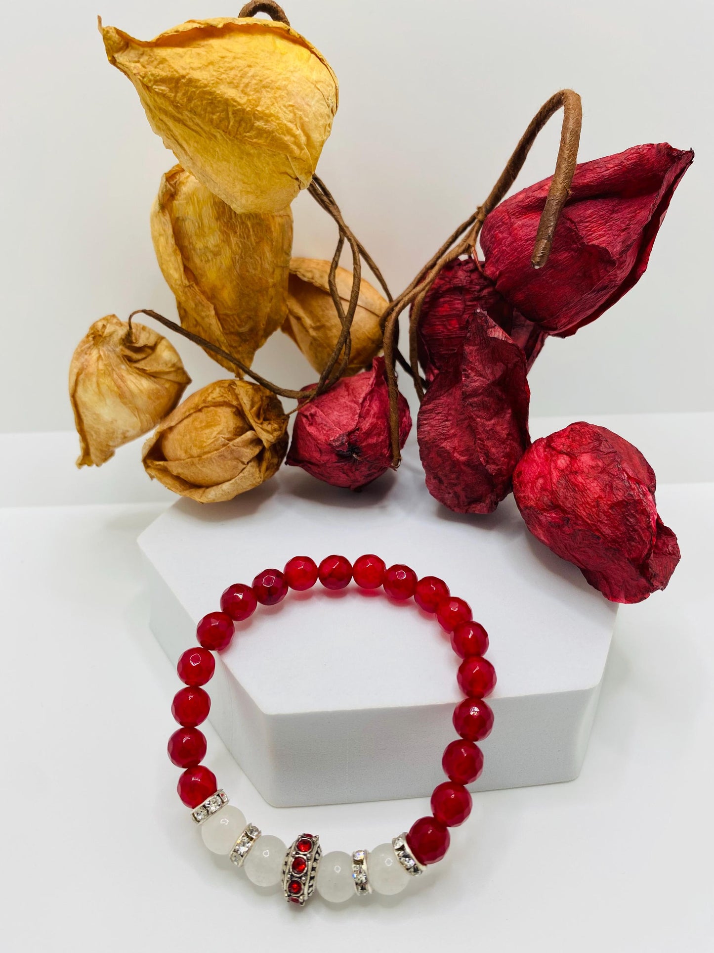 Red Agate & White Jade Charm Bracelet: Silver Rhinestone Accents