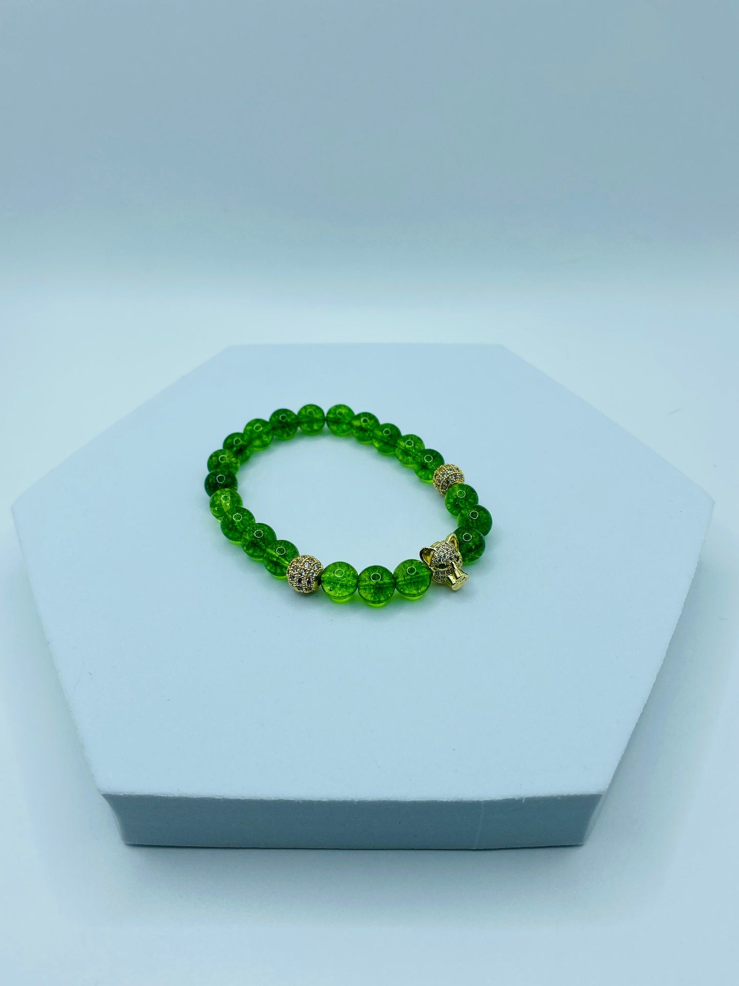 Mens Quartz Crystal Bracelet: Gold Tiger Charm, CZ Beads