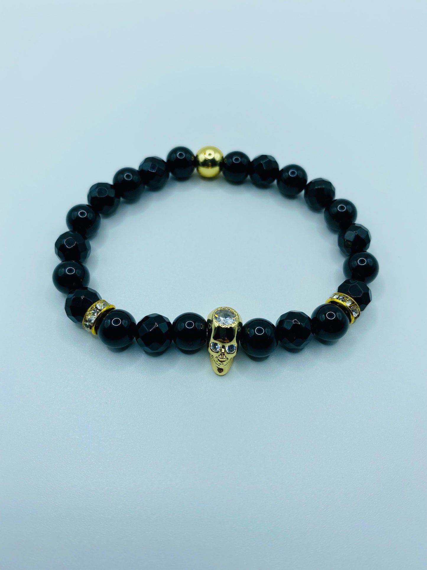 Black Onyx Bracelet: Golden CZ Skull Bead, Goth Jewelry