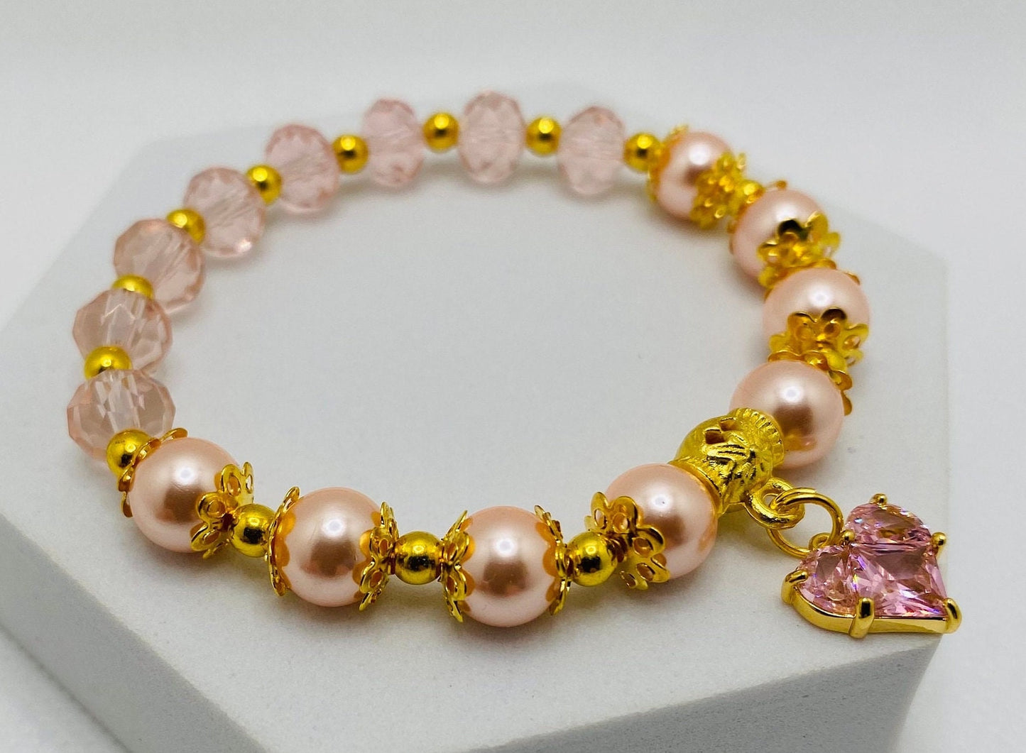 Mother of Pearl Bracelet: Pink Crystal Heart & Glass Beads, 18k Gold Accents