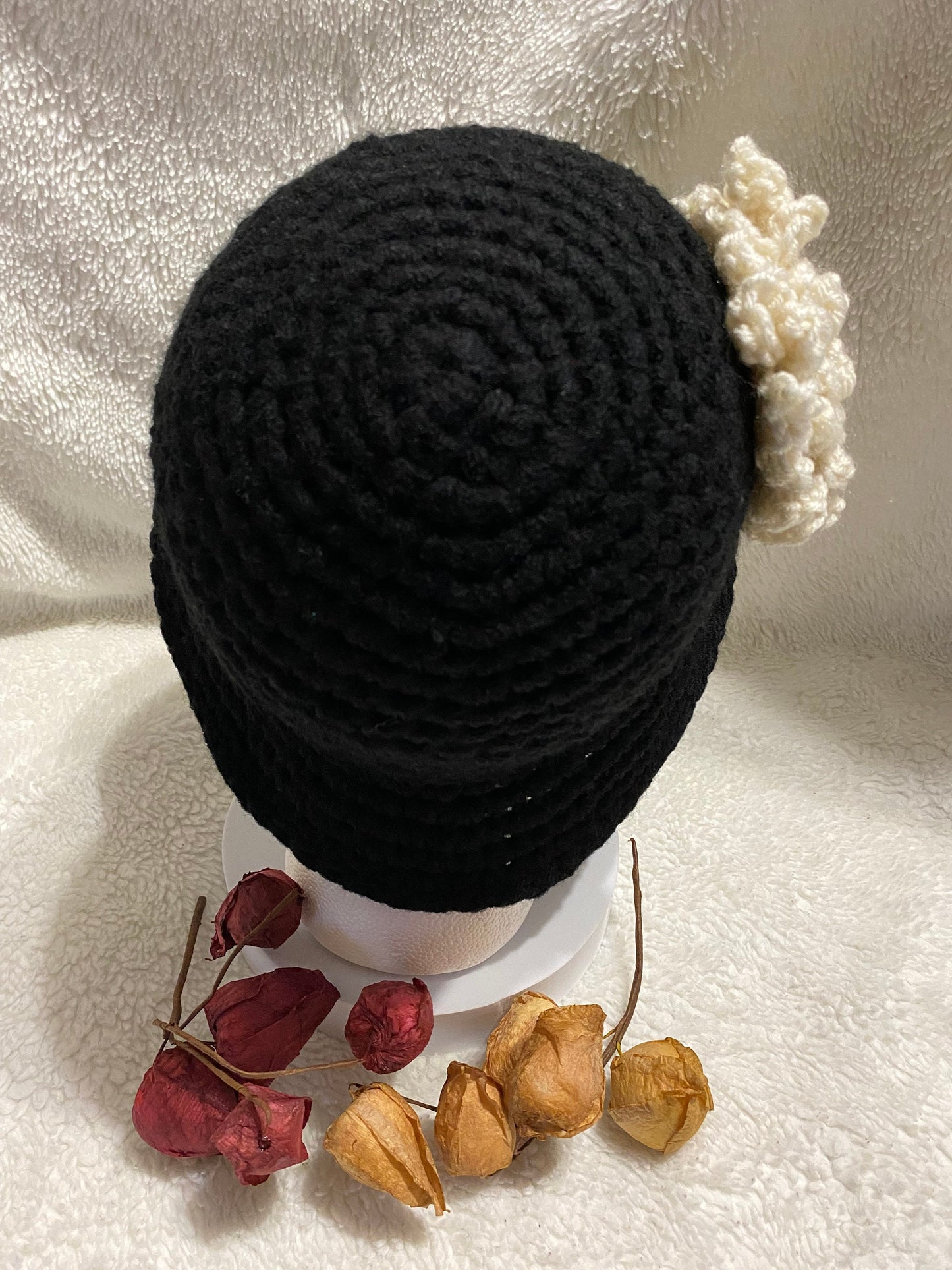 Black Crochet Bucket Hat: White Flower Accent, Handmade Acrylic