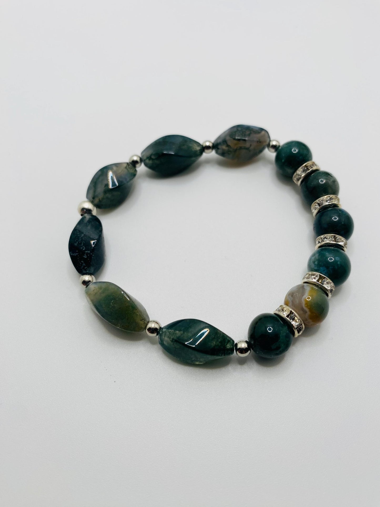 Moss Agate Beaded Bracelet: Gemstone Jewelry with Rhinestone Accents