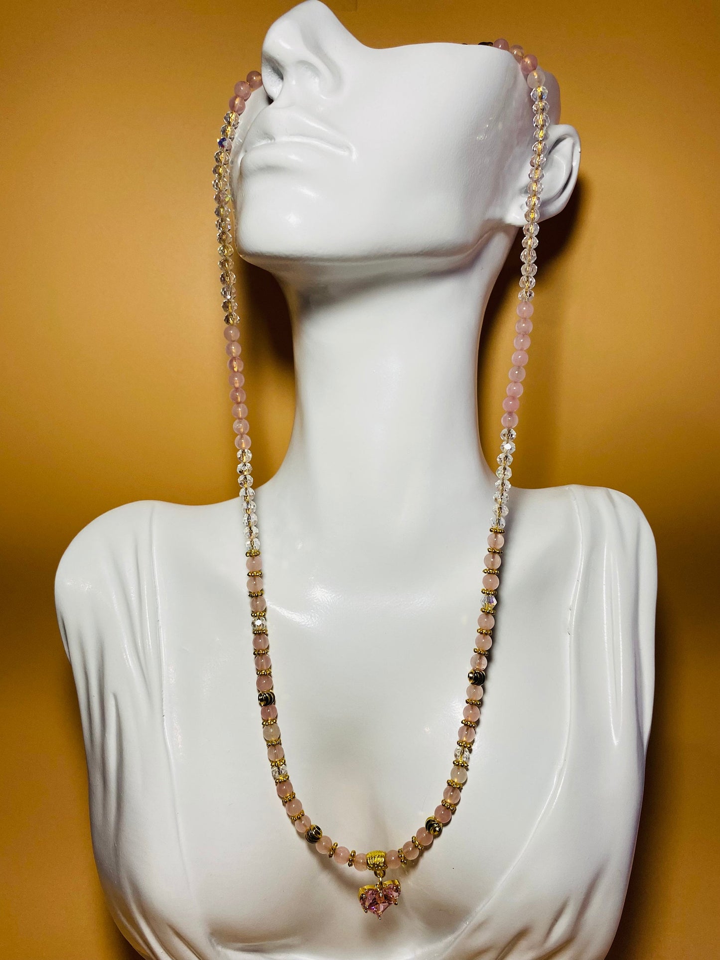 Pink Crystal Heart Pendant Necklace: Rose Quartz & Glass Beads