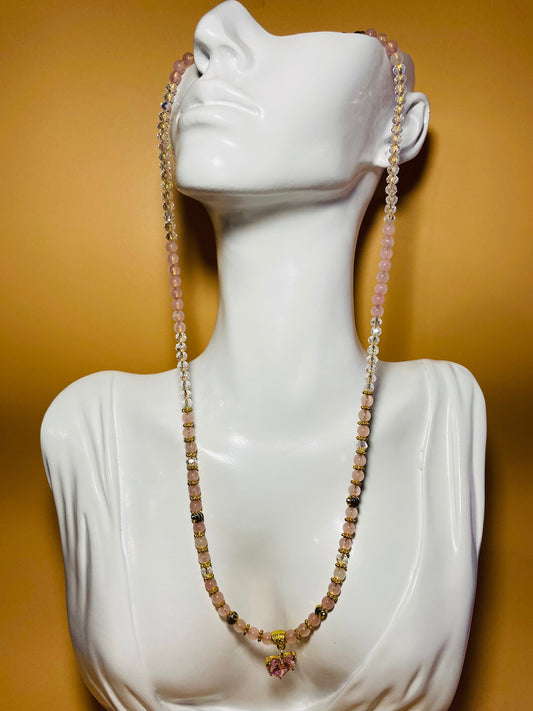 Pink Crystal Heart Pendant Necklace: Rose Quartz & Glass Beads