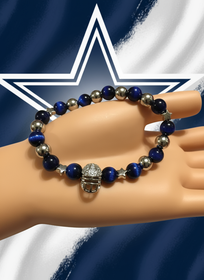 Dallas Cowboys Blue Tigers Eye Silver Helmet Bracelet - Enhanced