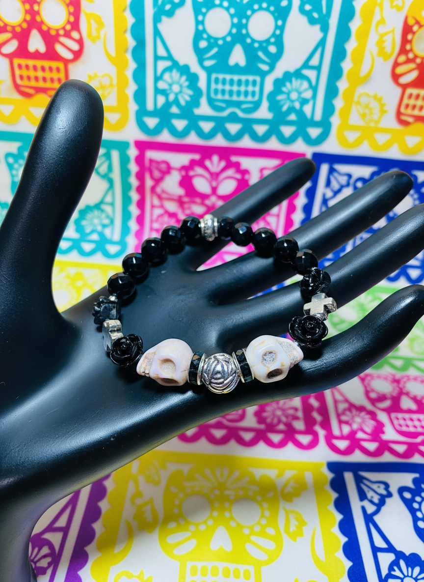 Day of the Dead Black Onyx Skull Cross Bracelet Enhanced