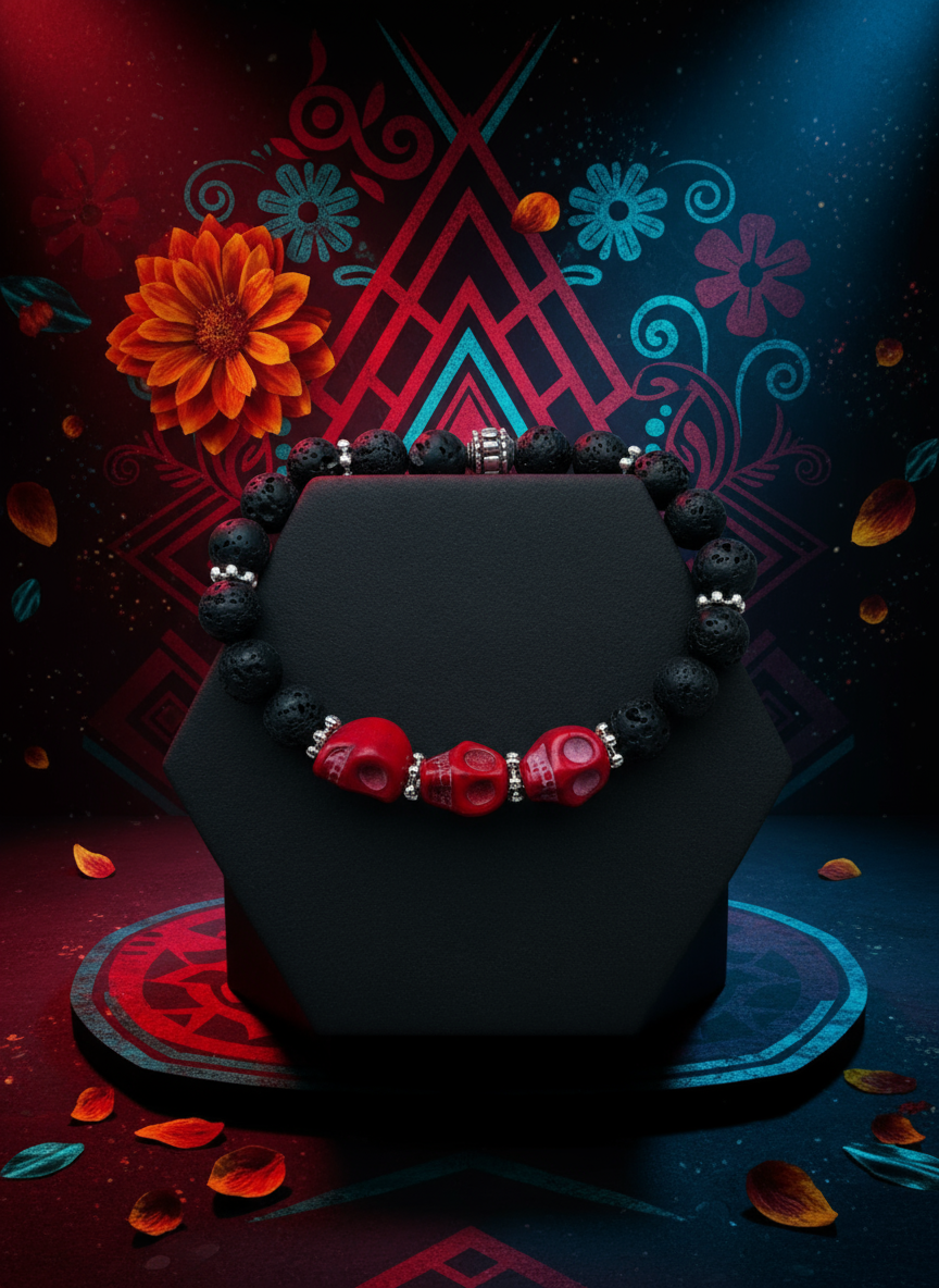 Day of the Dead Red Skull Lava Rock Bracelet - Enhanced