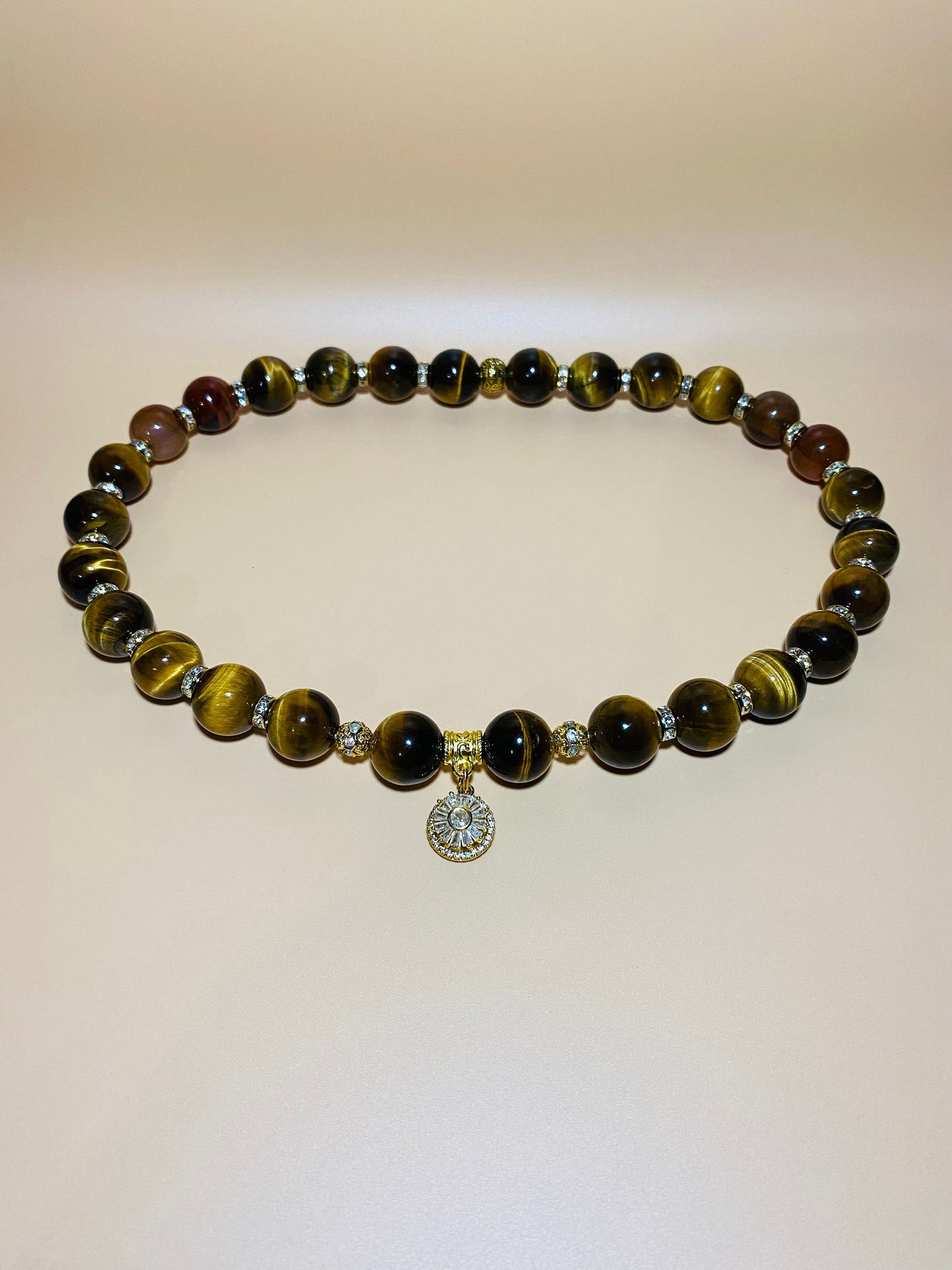 Tigers Eye Beaded Necklace with Gold Sunflower Charm