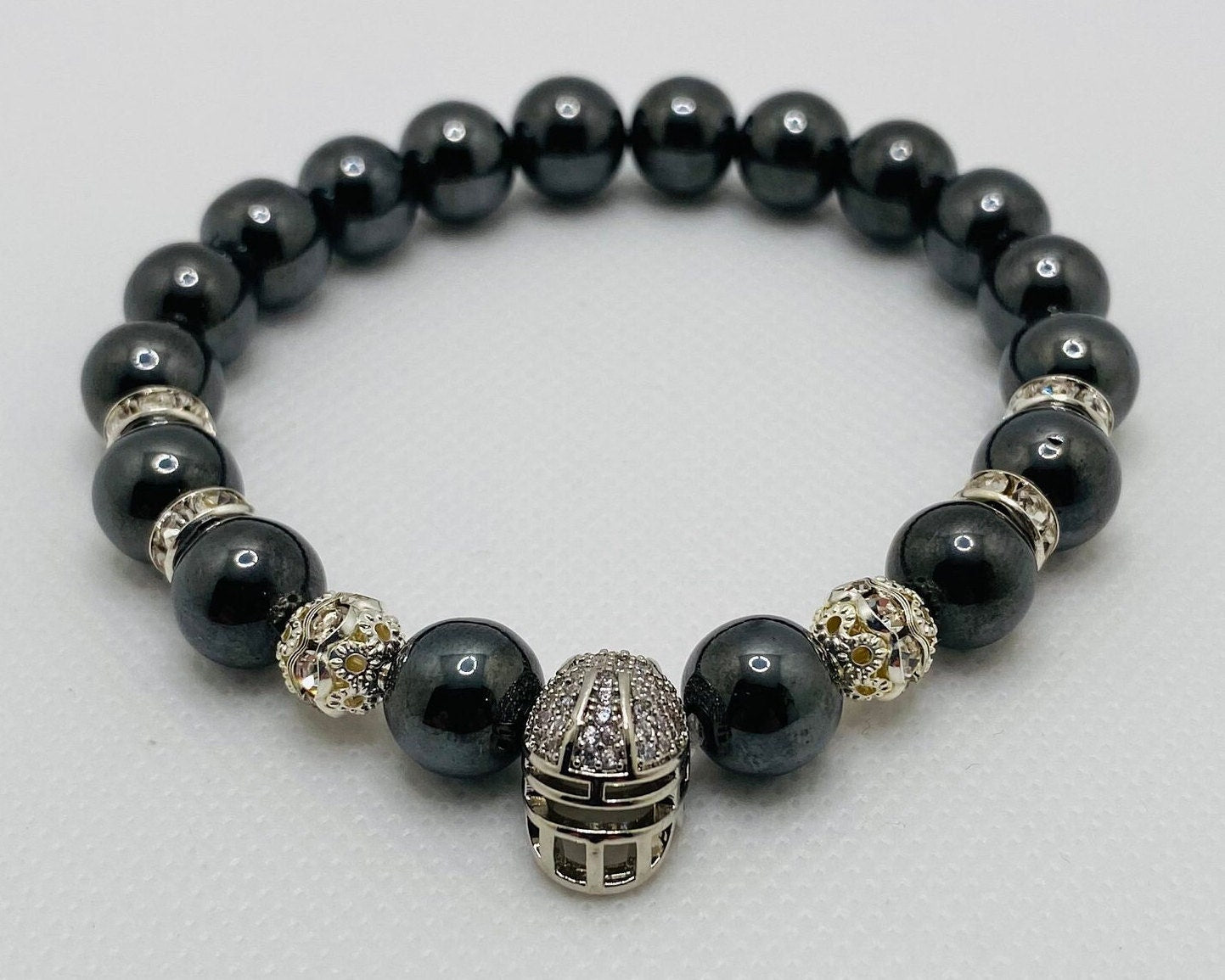 Las Vegas Raiders Hematite Bracelet: Silver Football Helmet, CZ Accents