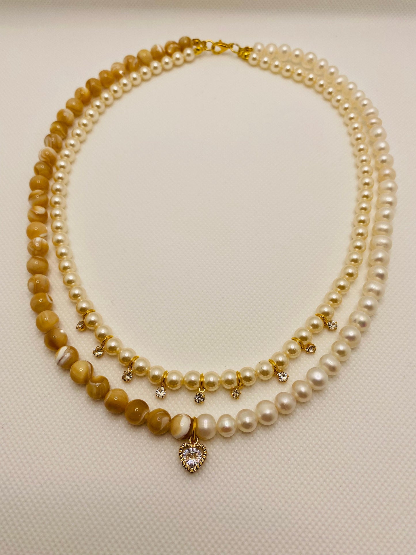 Handmade Mother of Pearl Necklace: Freshwater Pearl & CZ Heart Charm