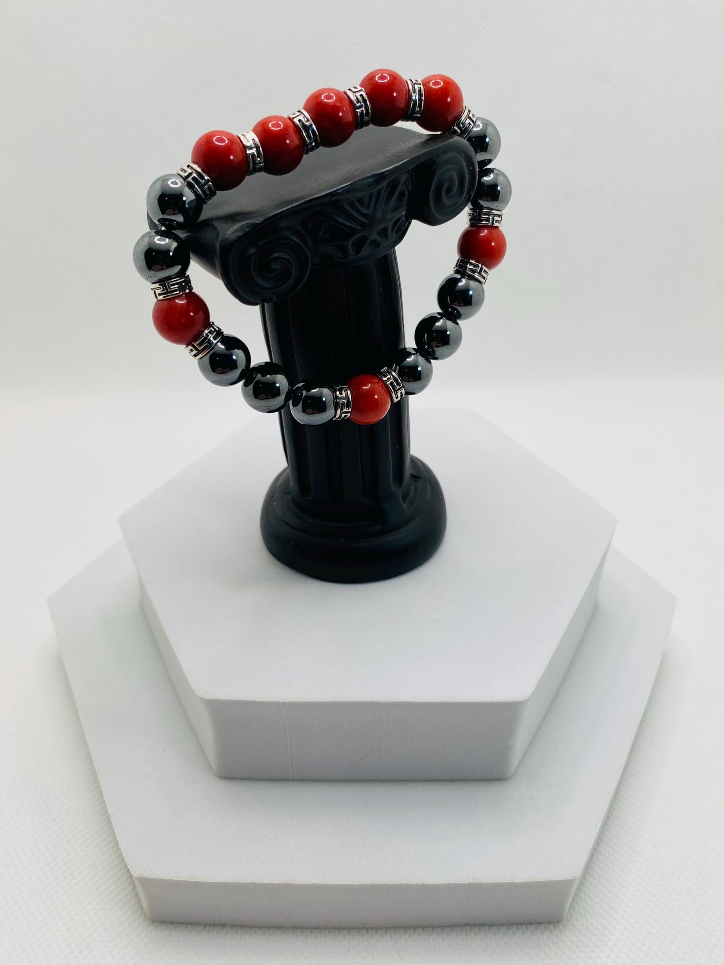 Men's Hematite Bracelet: Red Coral Beads, Tibetan Jewelry