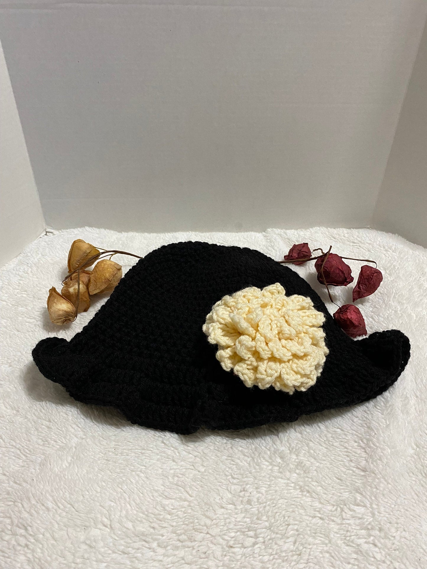 Black Crochet Bucket Hat with White Flower: Handmade Acrylic Hat