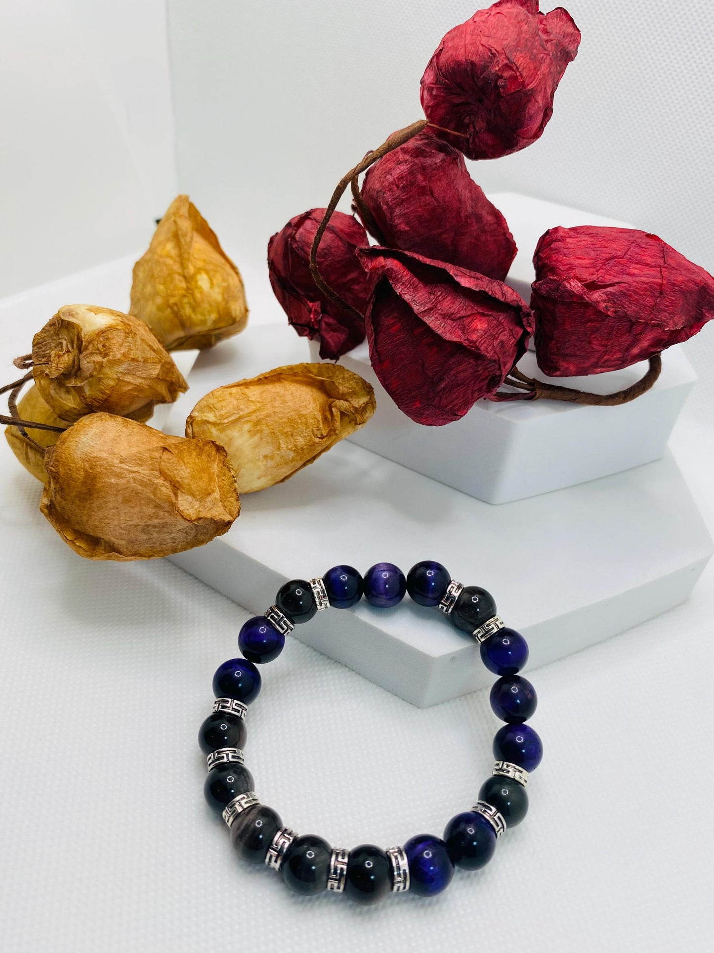 Tigers Eye Bracelet for Men: Black Obsidian & Tibetan Spacers