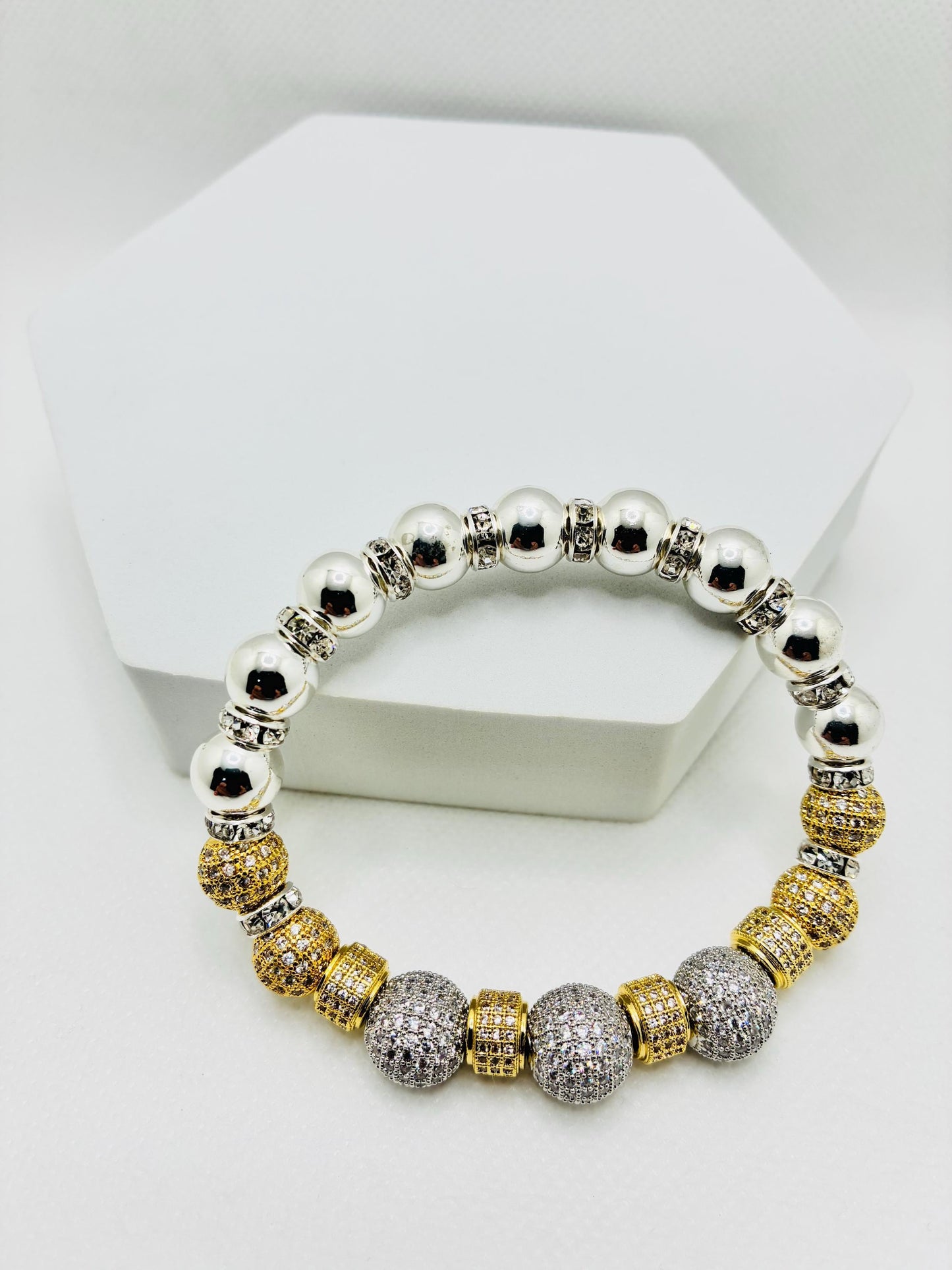 Silver Plated Hematite Bracelet with Gold-Plated and Silverplated Cubic Zirconia Beads