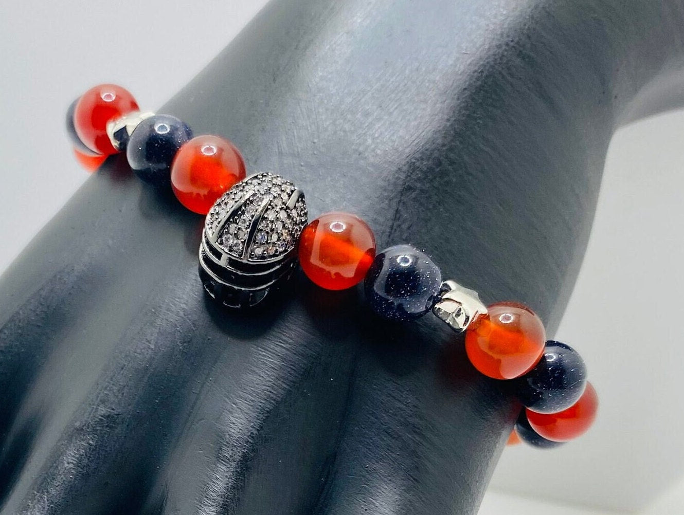 Houston Texans Bracelet: Carnelian, Sandstone Beads & Football Helmet Charm