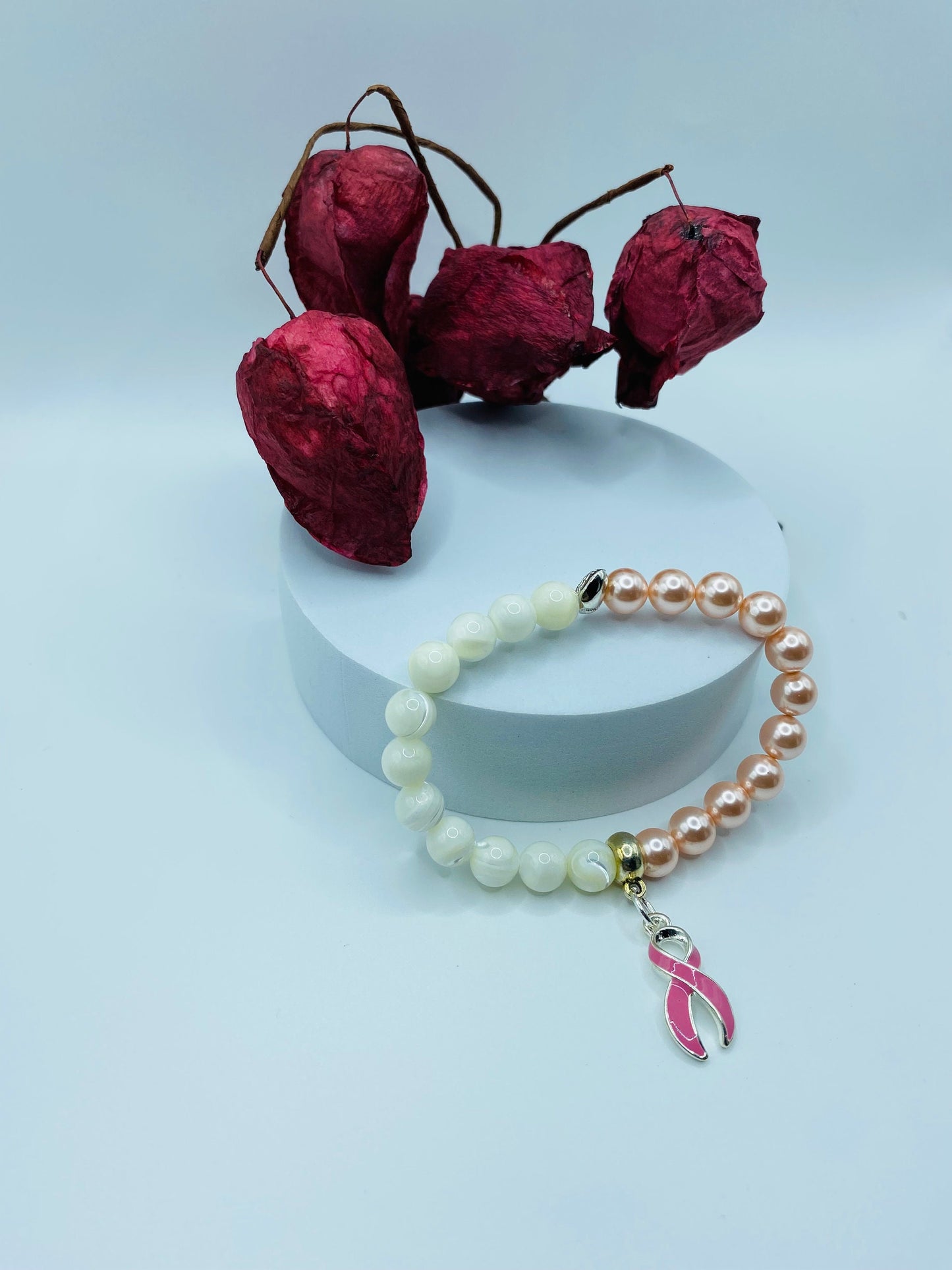 Mother of Pearl Breast Cancer Awareness Bracelet with Pink Ribbon Charm