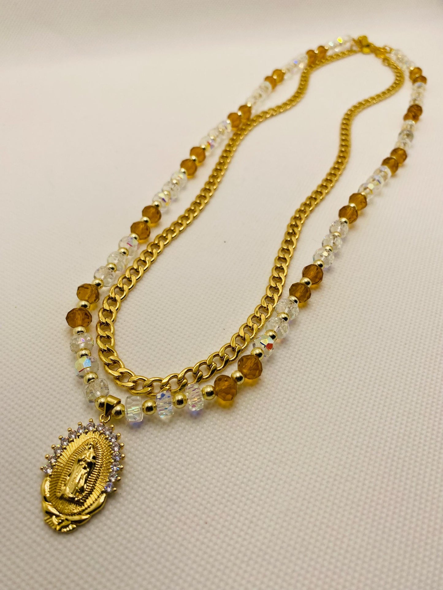 Virgin Mary Necklace: Gold Cuban Link Chain, Crystal Beads Religious Jewelry