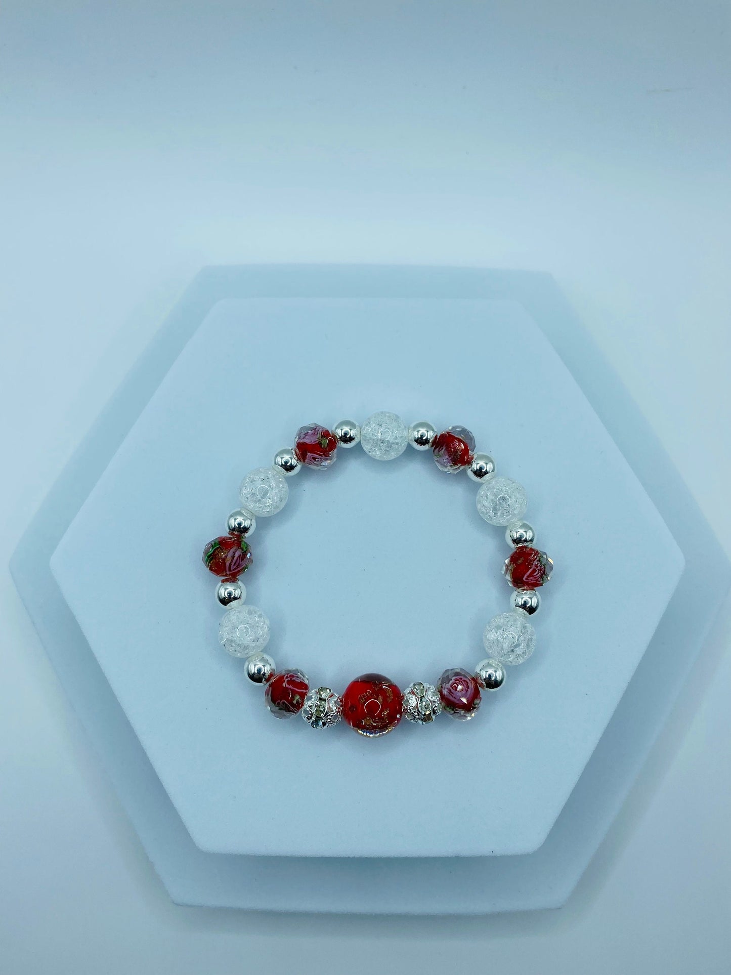 Lampwork Floral Glass Bead Bracelet: Crystal Quartz & Hematite