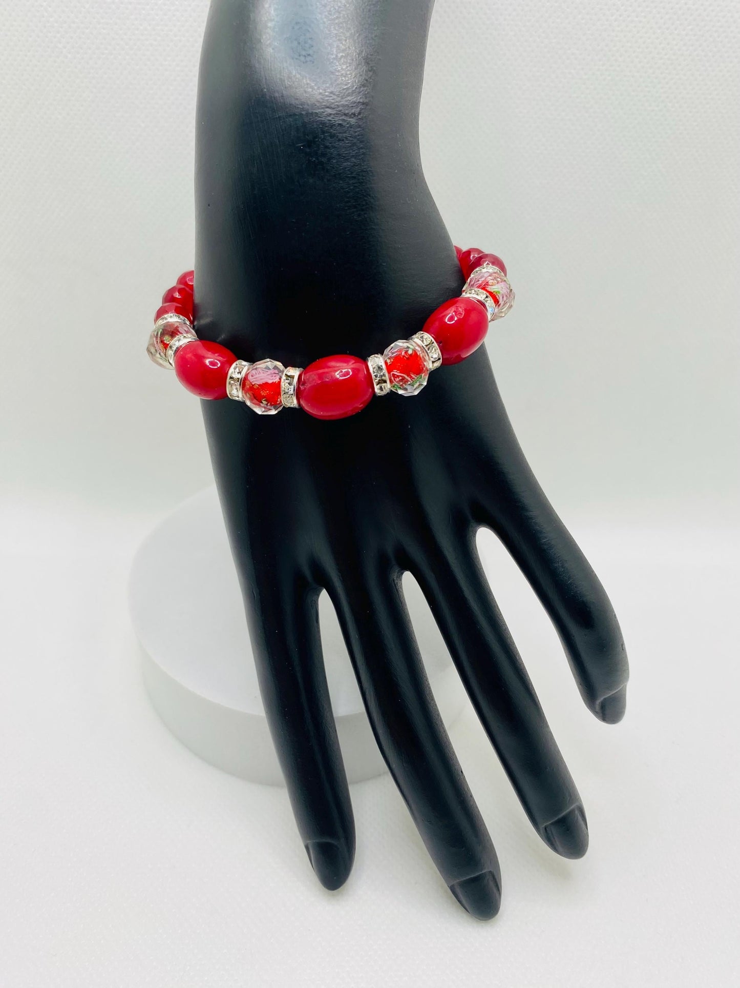 Red Jade Bracelet: Lampwork Glass & Agate Gemstone Beads