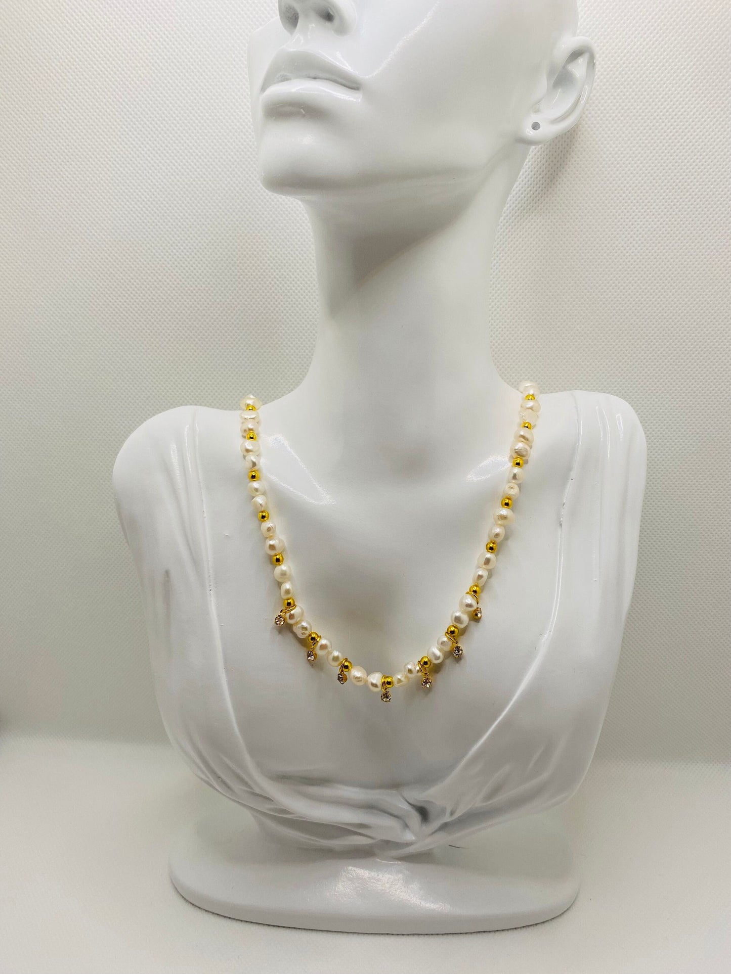 Baroque Pearl Necklace: 18k Gold Plated Hematite Beads, CZ Crystal Pendant
