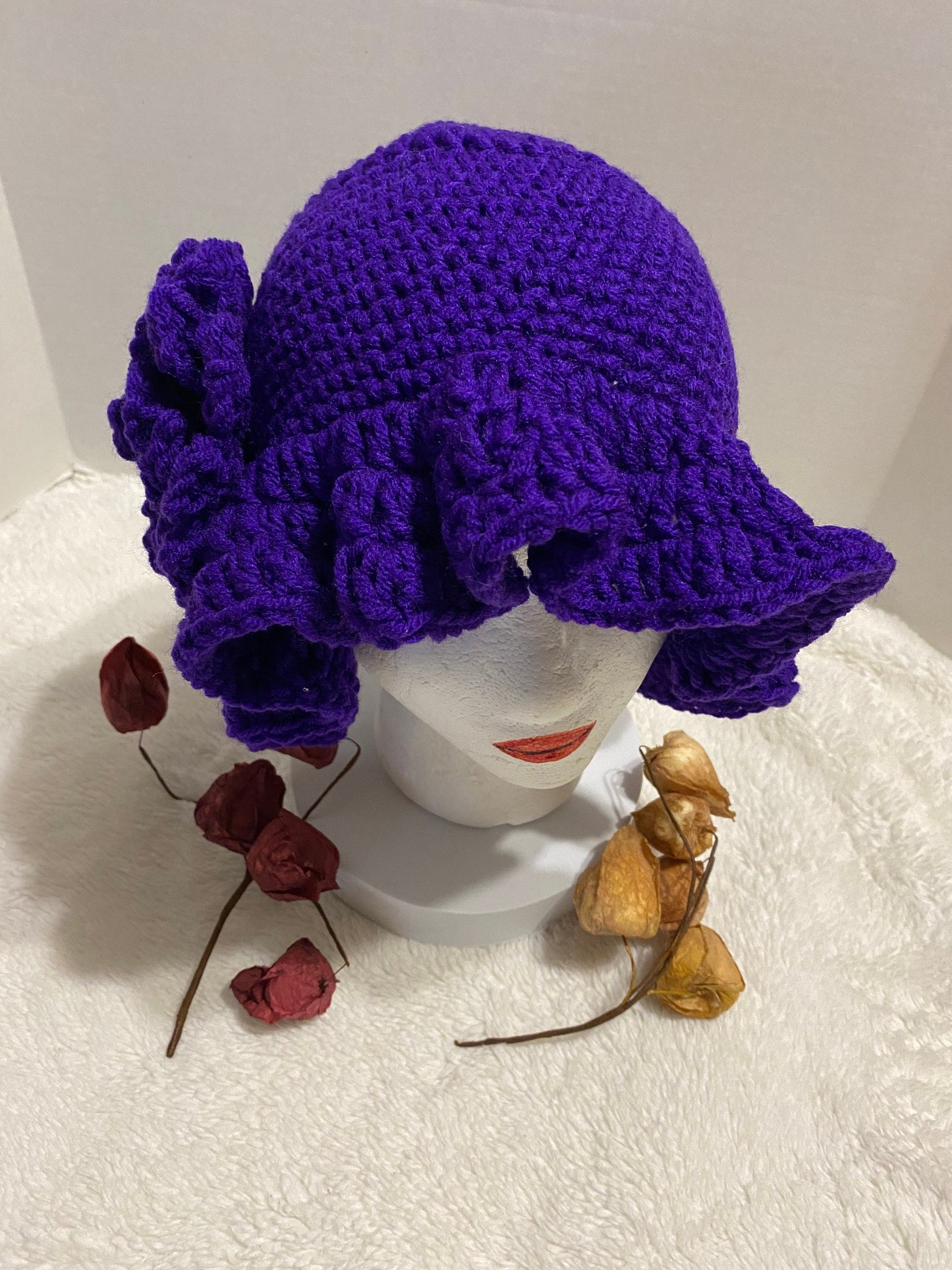 Crochet Bucket Hat with Flower: Violet Acrylic Handmade Women's Hat