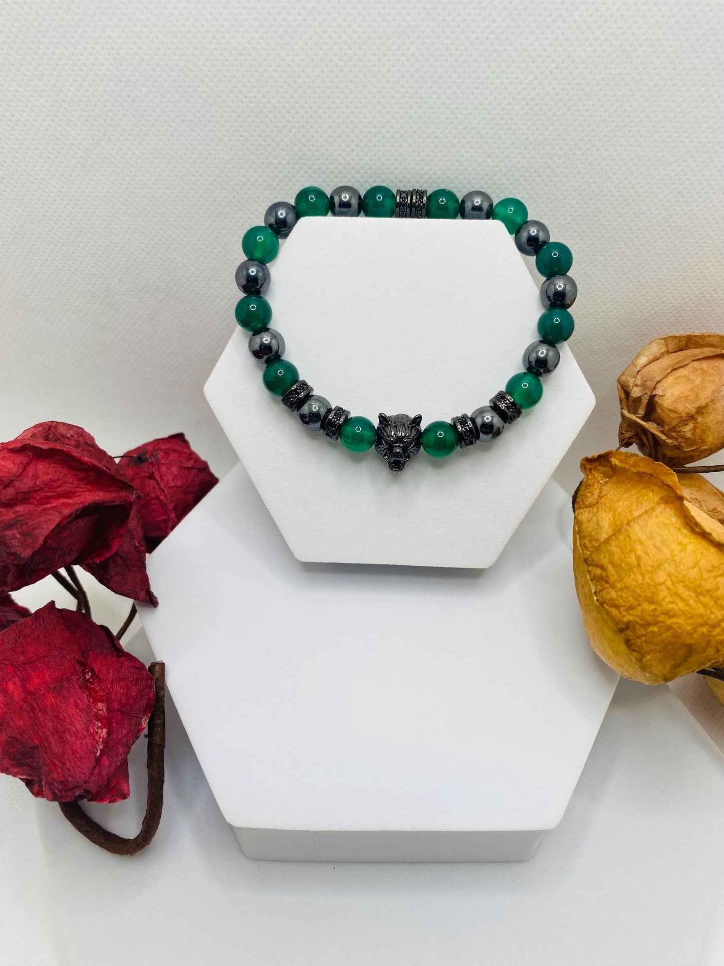 Black Wolf Charm Bracelet: Jade & Hematite Gemstone Beads