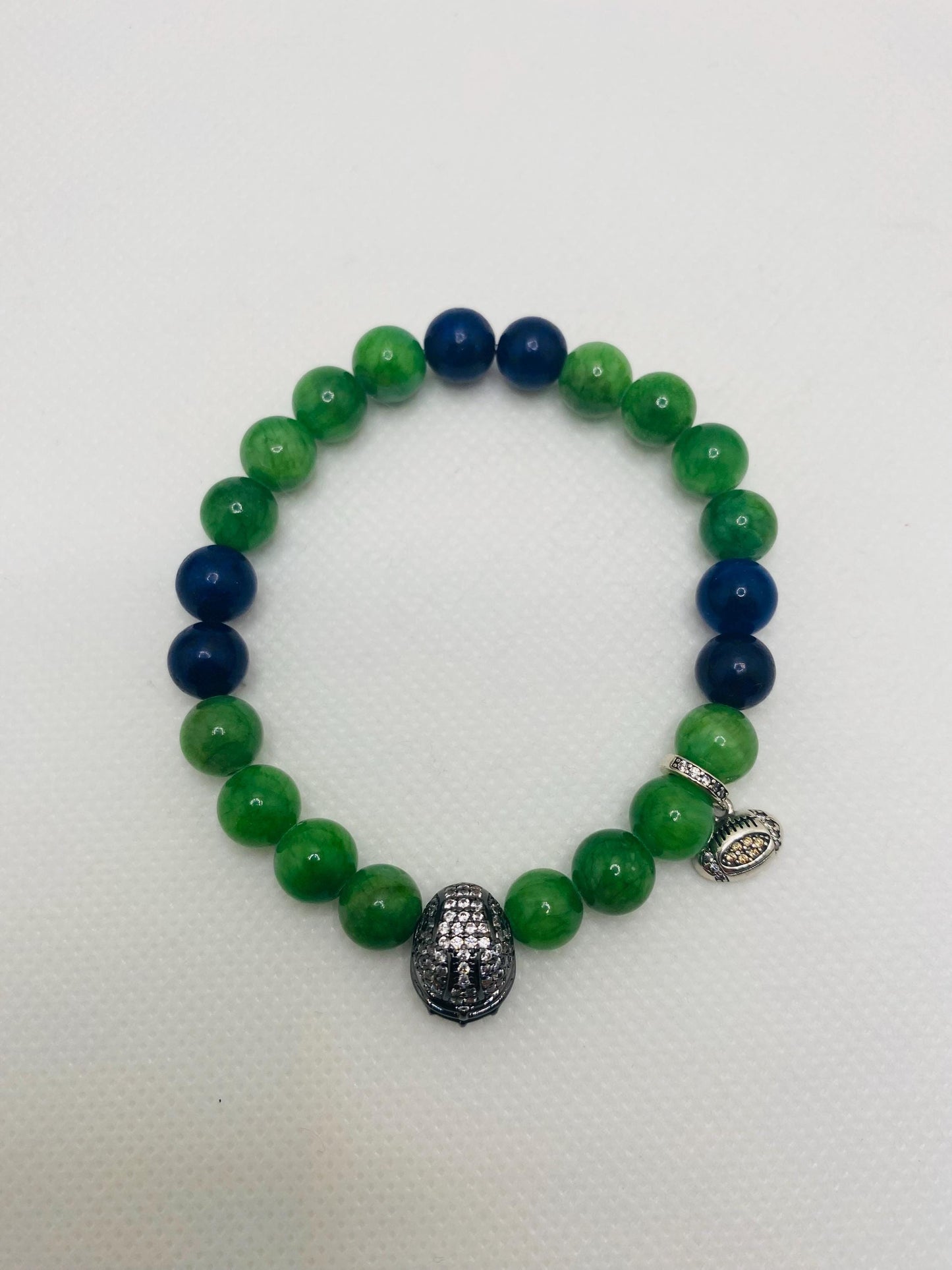 Seattle Seahawks Beaded Bracelet: Chalcedony, Lapis Lazuli, Football Charms