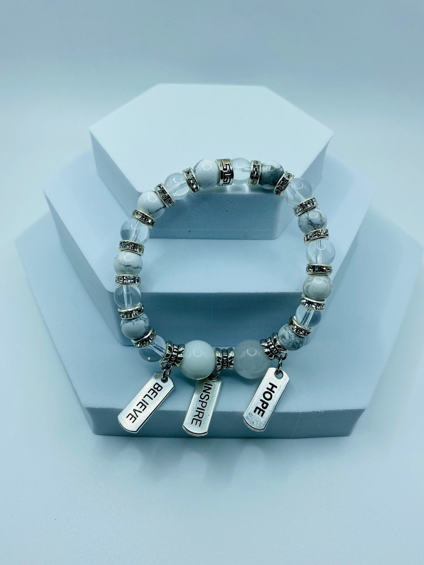 Inspirational Gemstone Bead Bracelet: Stainless Steel Word Charms