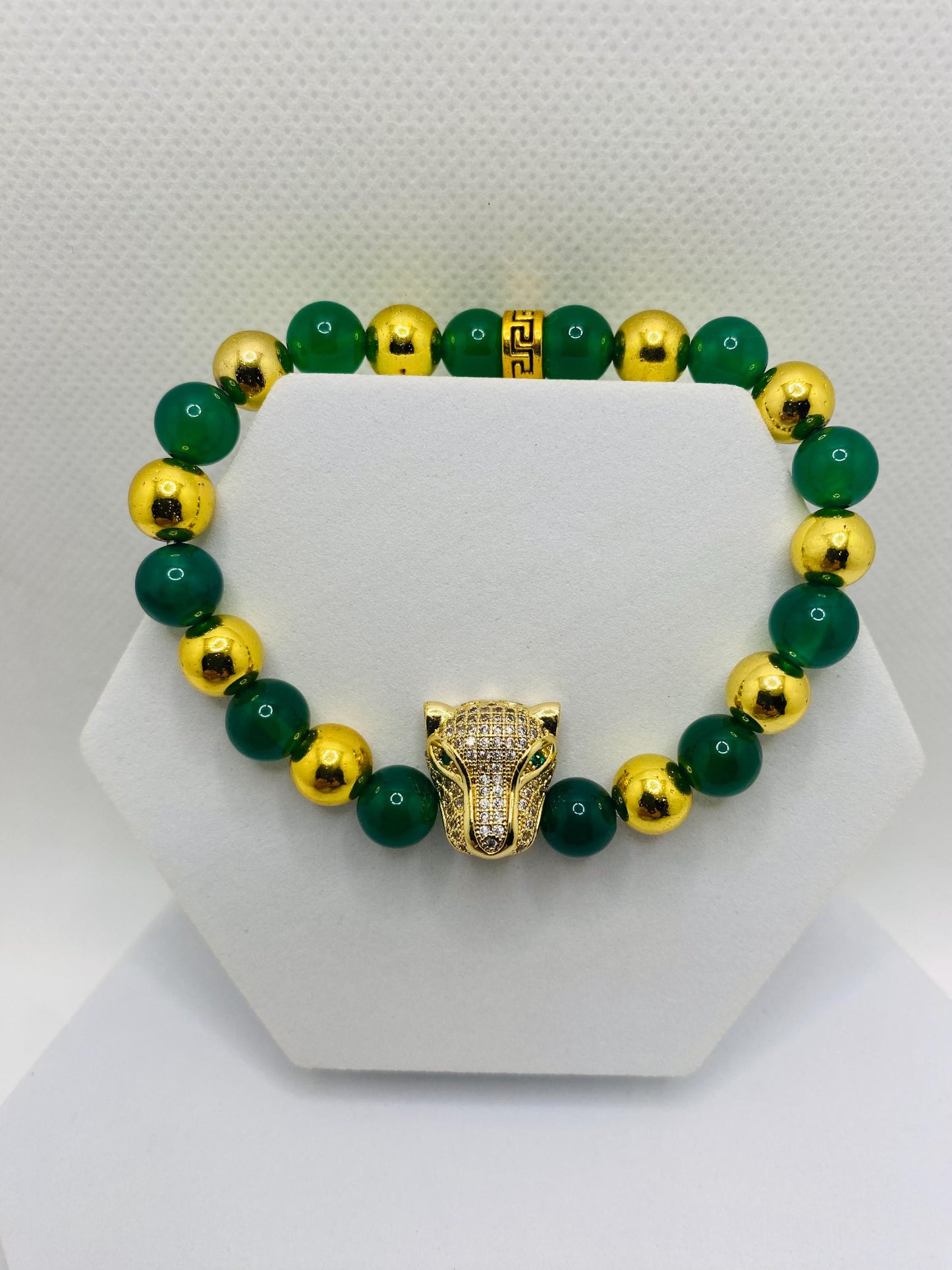 Jade & Hematite Bracelet: Gold CZ Panther Bead, Handmade