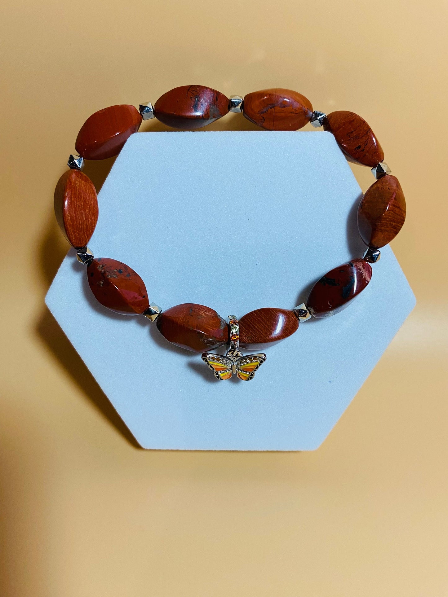 Handmade Red Jasper Bracelet: Butterfly Charm, Gemstone Jewelry