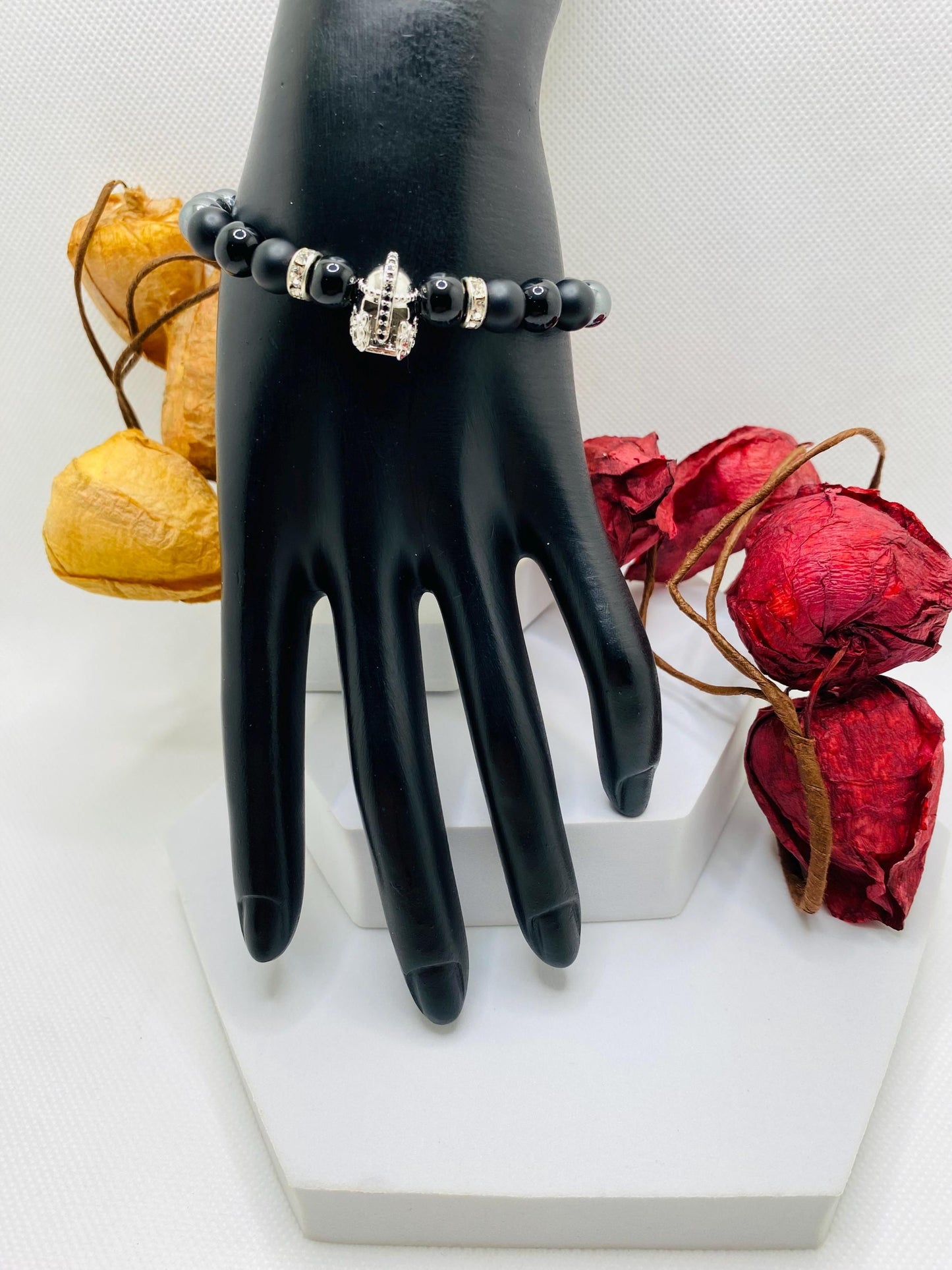 Mens Jewelry Silver Spartan Helmet Bracelet with black Onyx & Hematite Gemstone Beads - Medieval Jewelry