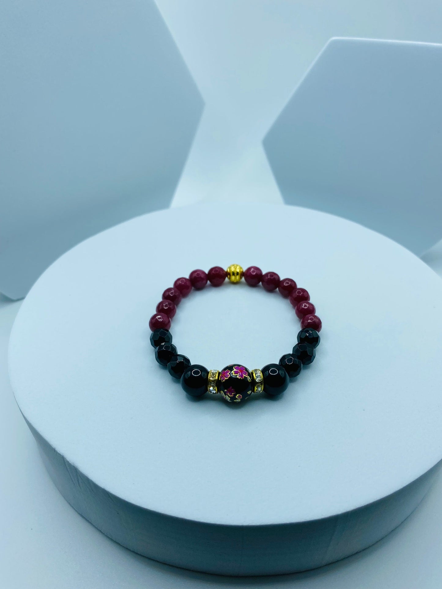 Black Onyx & Red Jade Gemstone Bracelet with Floral Lampwork Bead