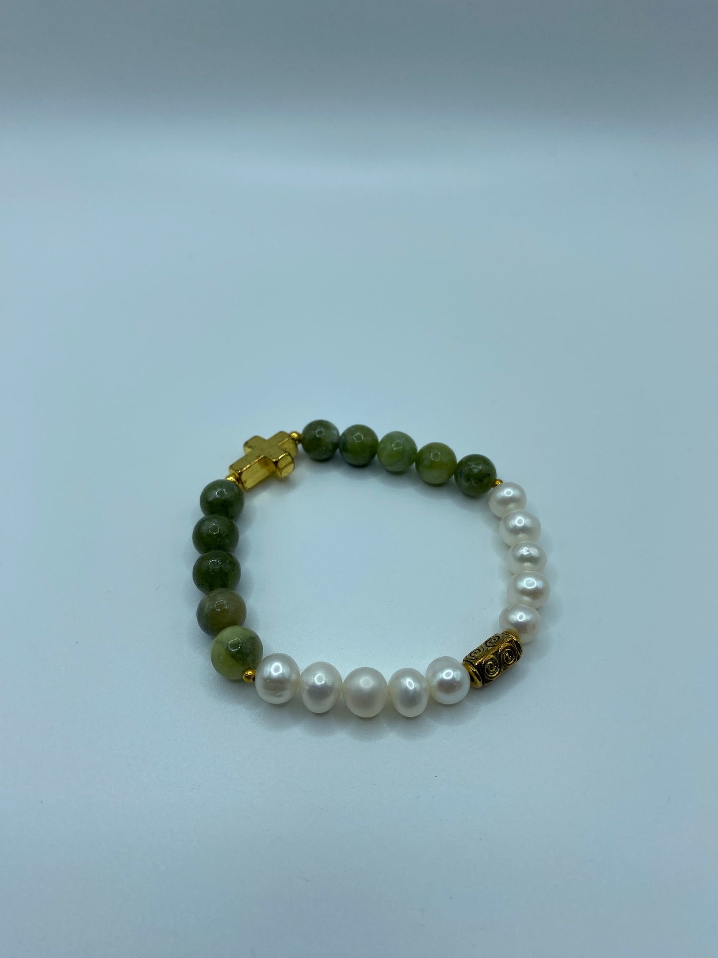 Jade & Pearl Bracelet: Gold Cross Charm, Gemstone Beaded Jewelry