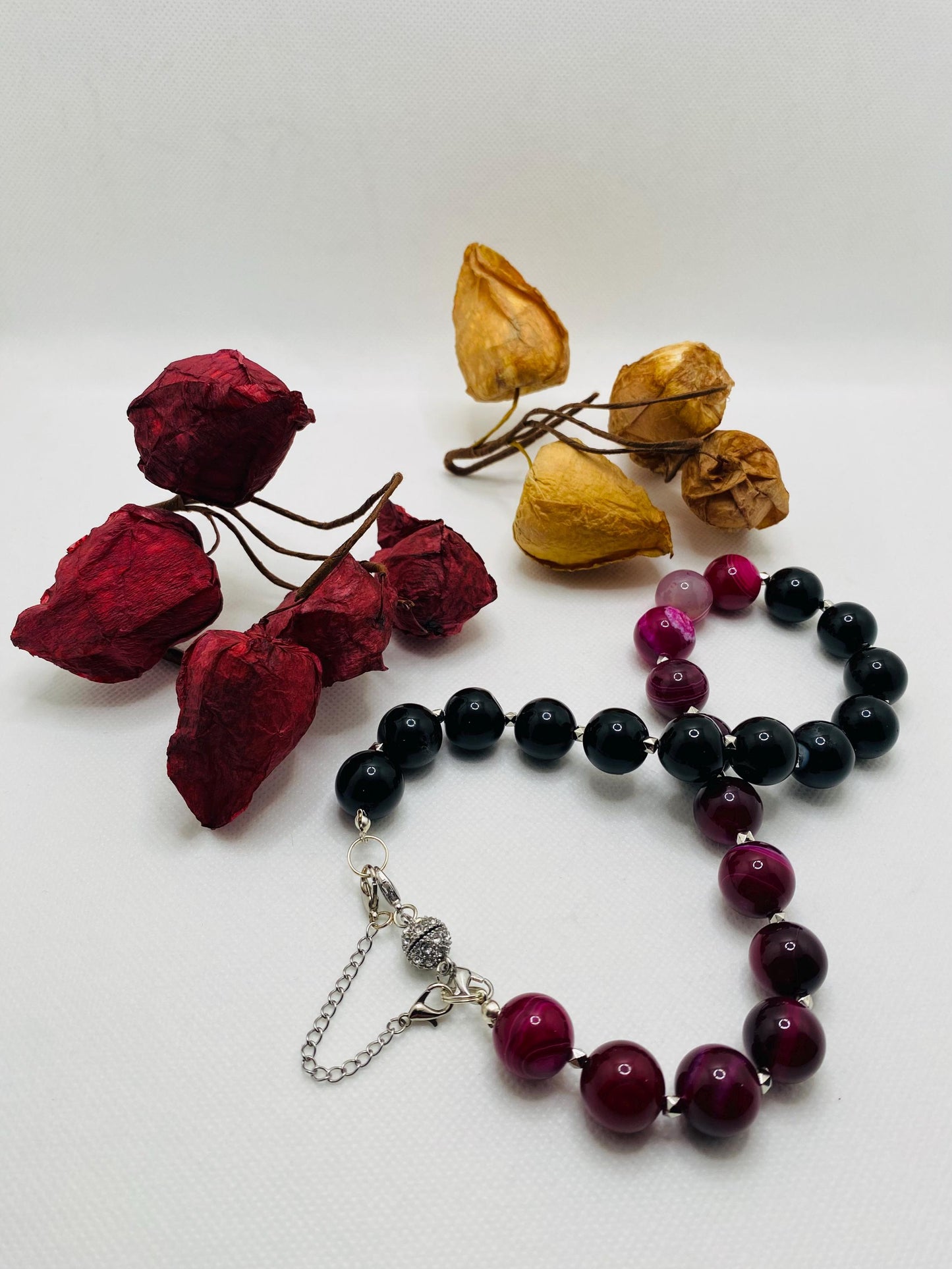 Handmade Black Obsidian & Plum Agate Gemstone Necklace