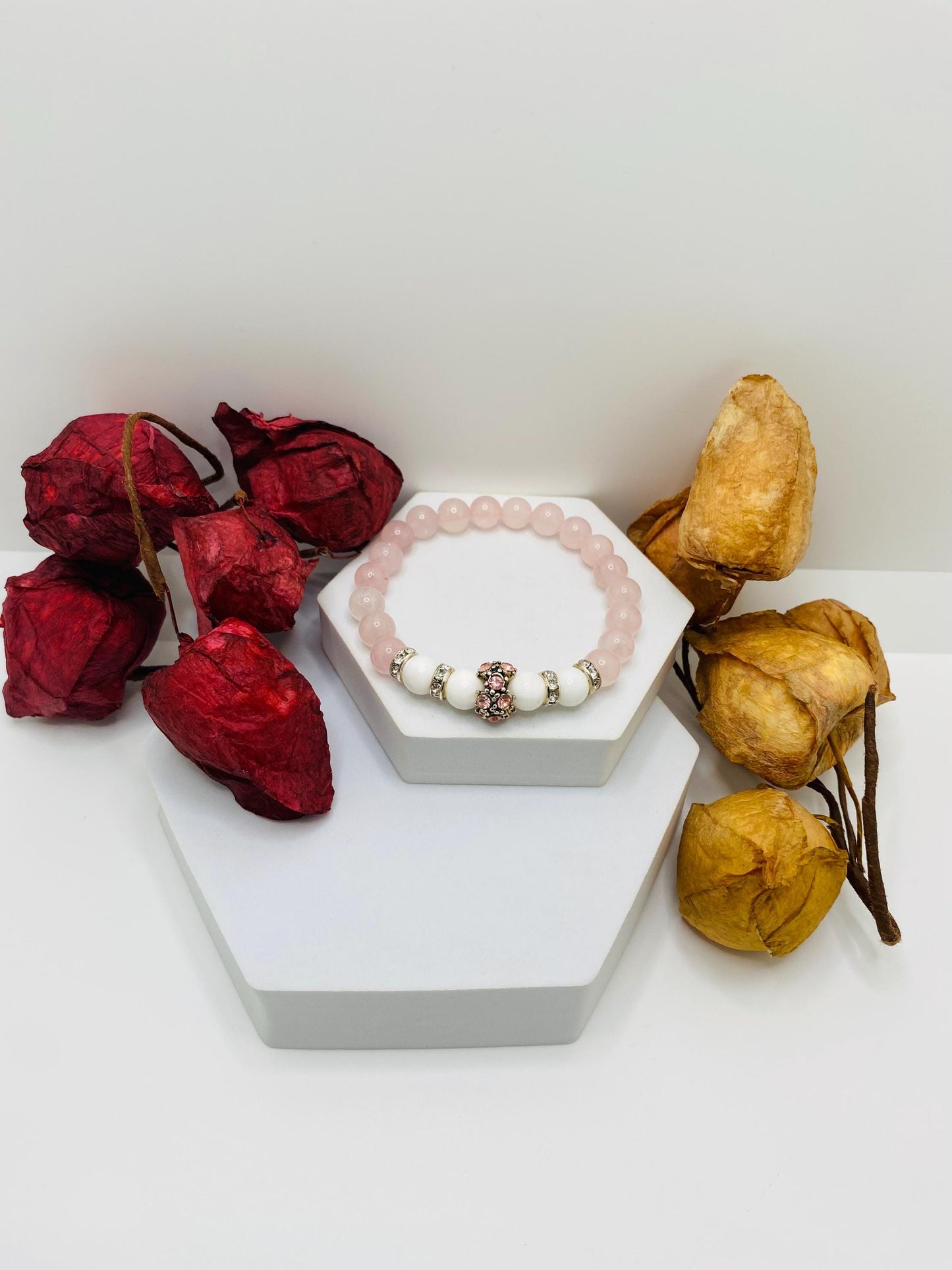 Rose Quartz Charm Bracelet: Agate Beads, Silver Rhinestone Charm