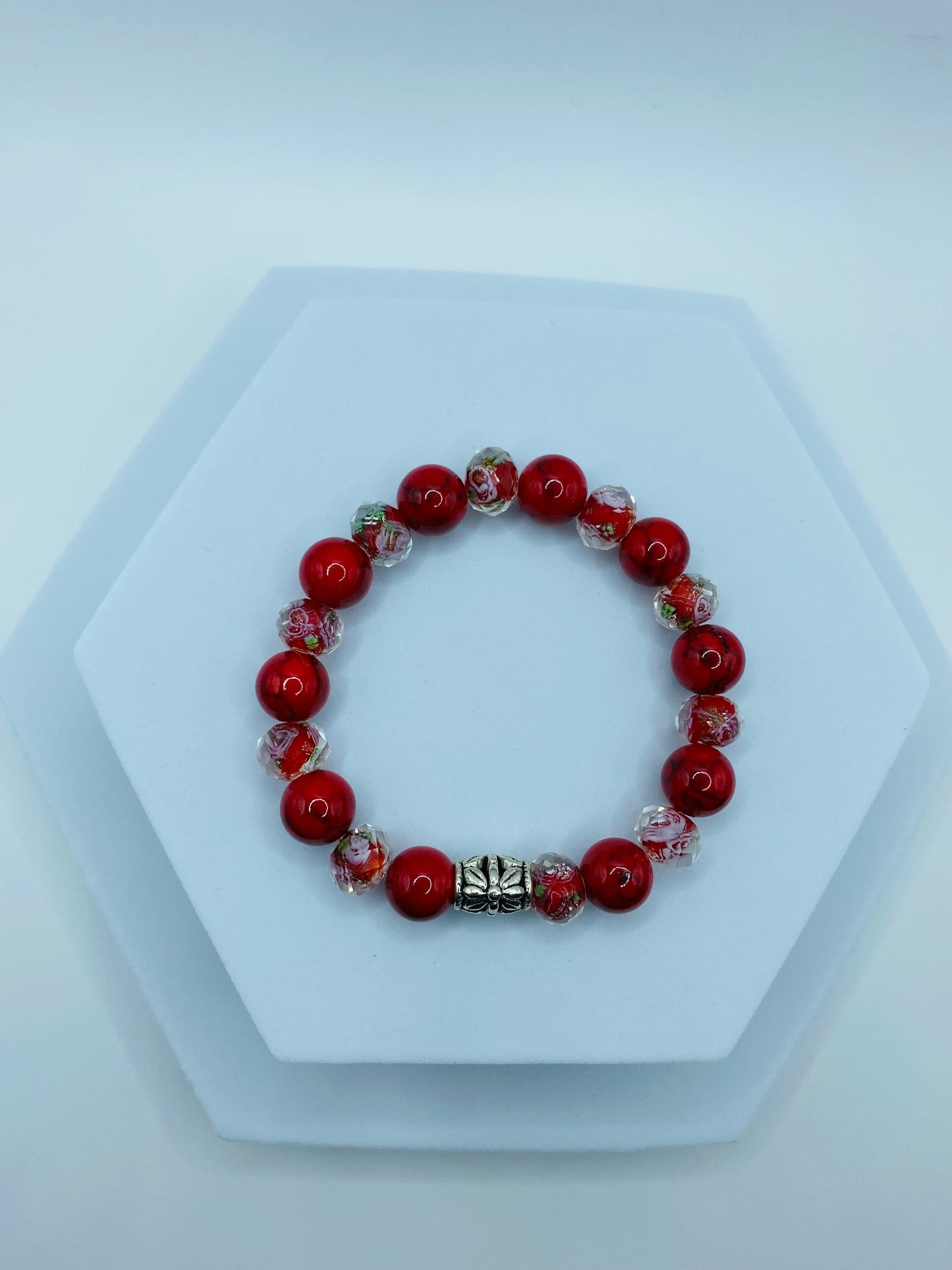 Red Turquoise Bracelet: Bohemian Lampwork Floral Glass Bead Jewelry