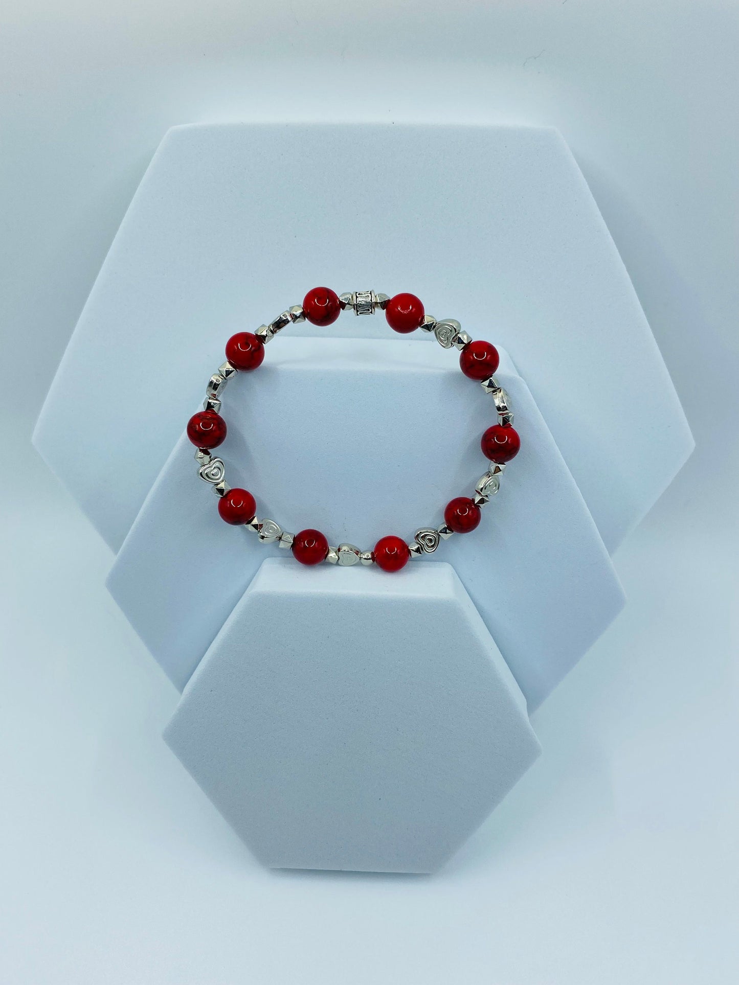 Red Turquoise Bracelet with White Gold Heart Charms